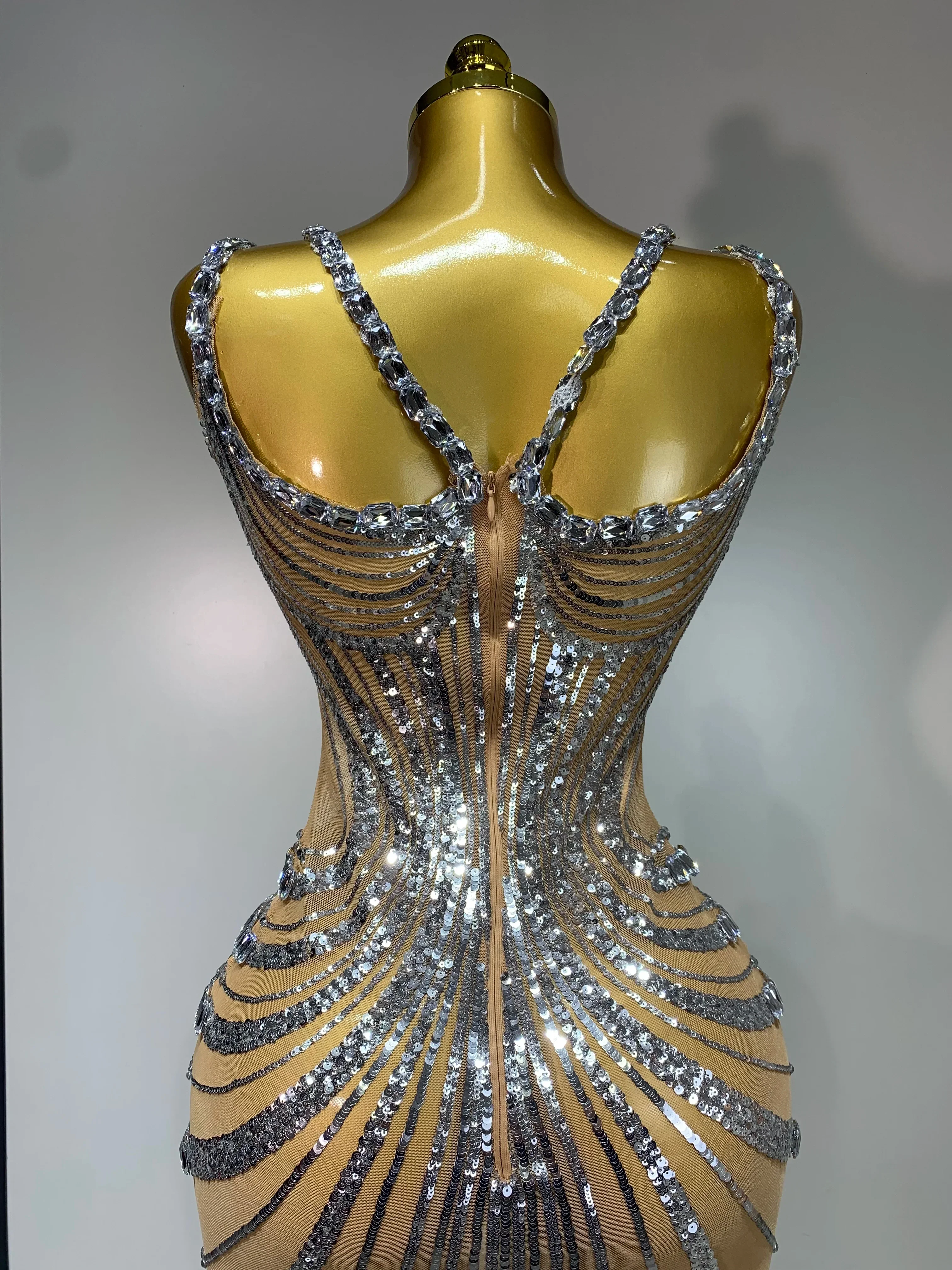 Sexy Silver Rhinestone White Mesh See Through Long Dress Women Luxury Birthday Party Prom Gown Singer Nightclub Stage Outfit - Image 5