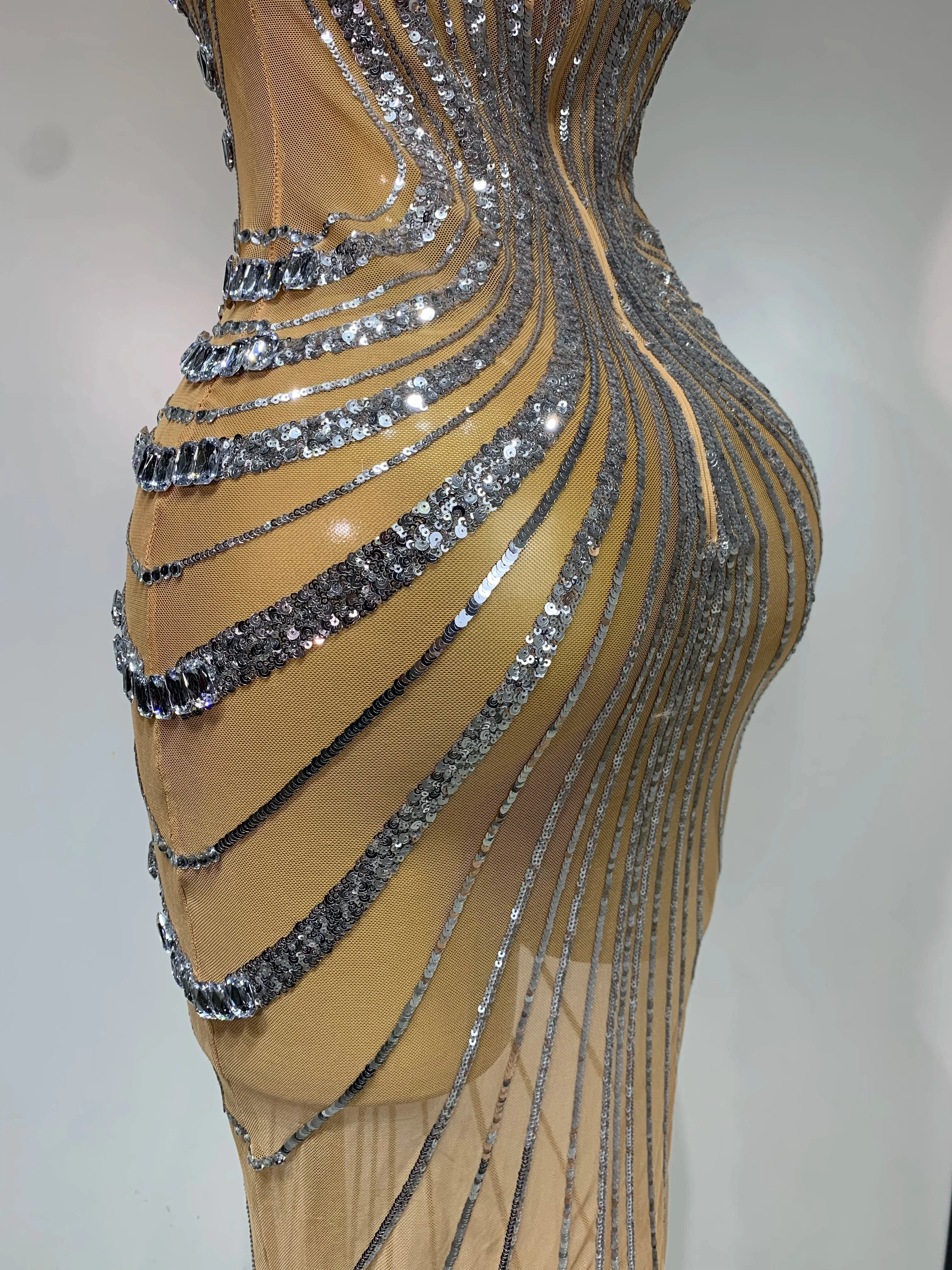Sexy Silver Rhinestone White Mesh See Through Long Dress Women Luxury Birthday Party Prom Gown Singer Nightclub Stage Outfit - Image 6