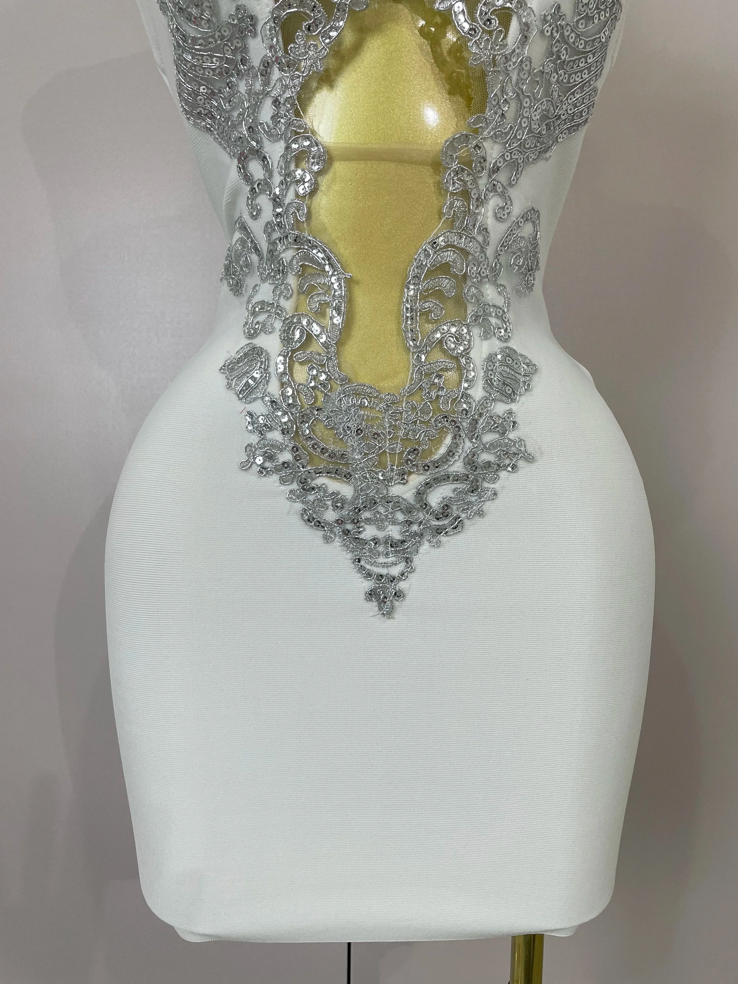 Sexy Silver Sequin White V Neck Cut Out Short Bandage Dress Women  Elegant Luxury Birthday Party Club Wedding Vestidos - Image 6