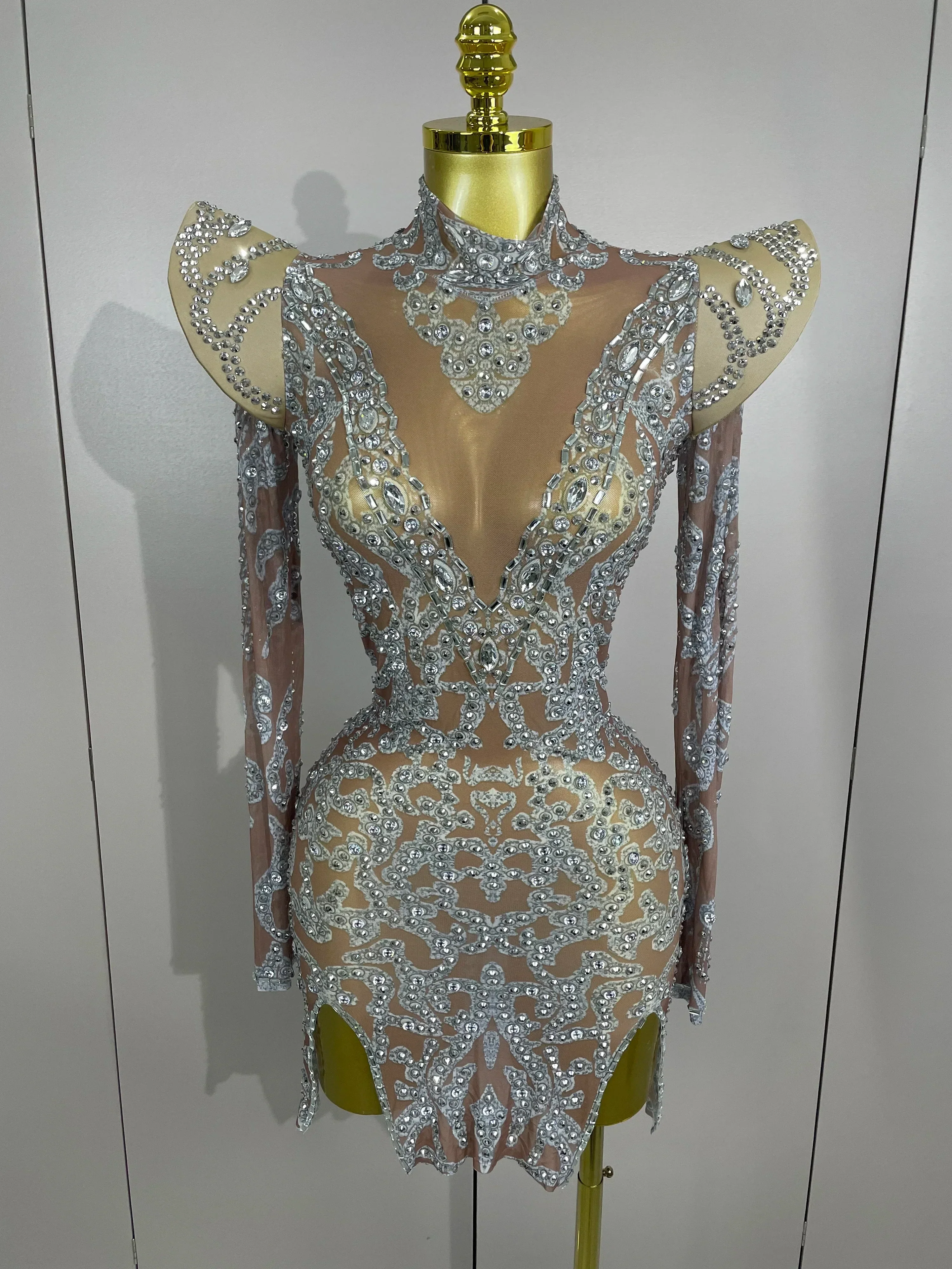Sexy Singer Stage Drag Queen Costume  Women Shiny Rhinestones Transparent Short Dress Birthday Celebrate Photoshoot Dress