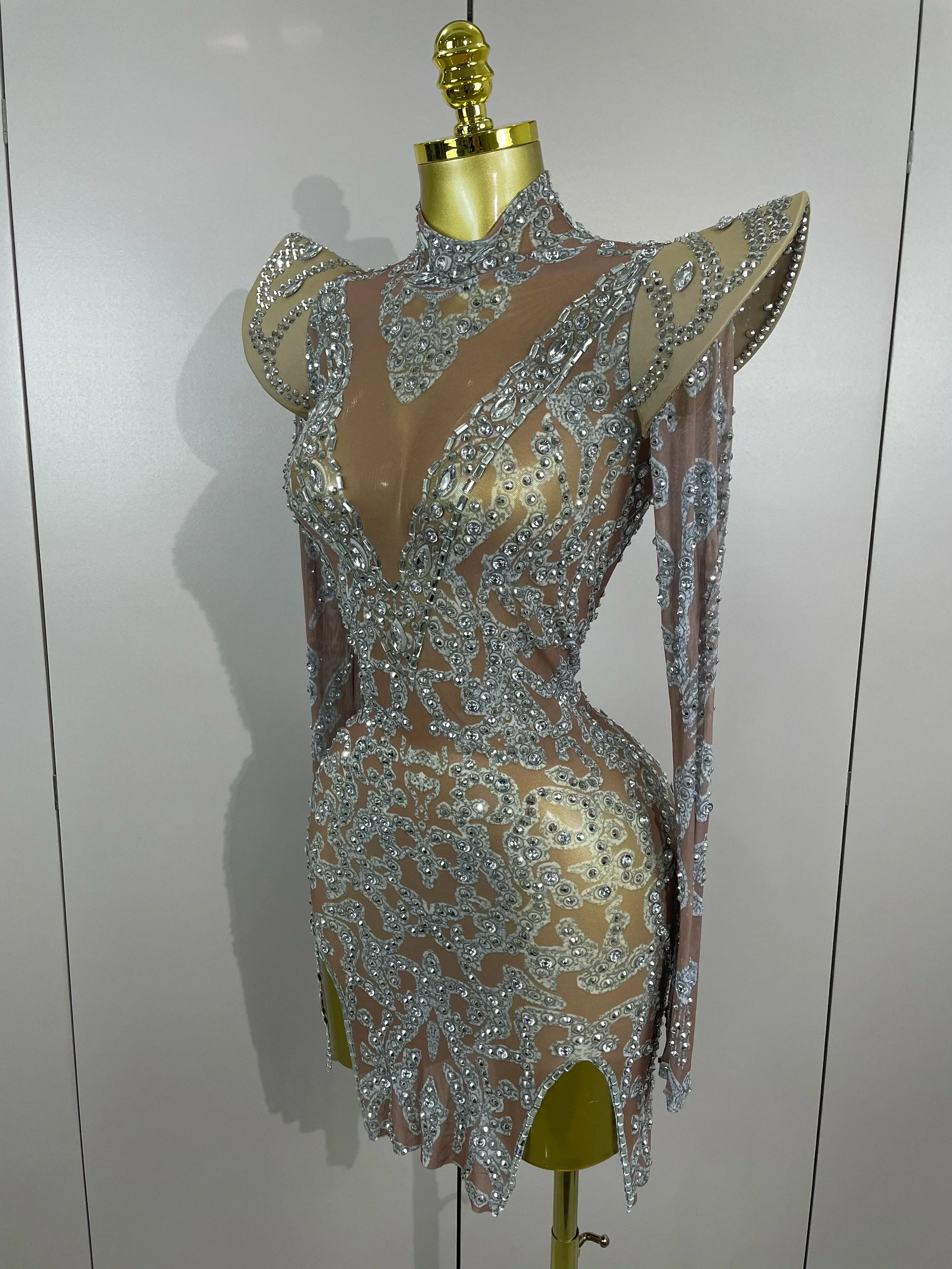 Sexy Singer Stage Drag Queen Costume  Women Shiny Rhinestones Transparent Short Dress Birthday Celebrate Photoshoot Dress - Image 2