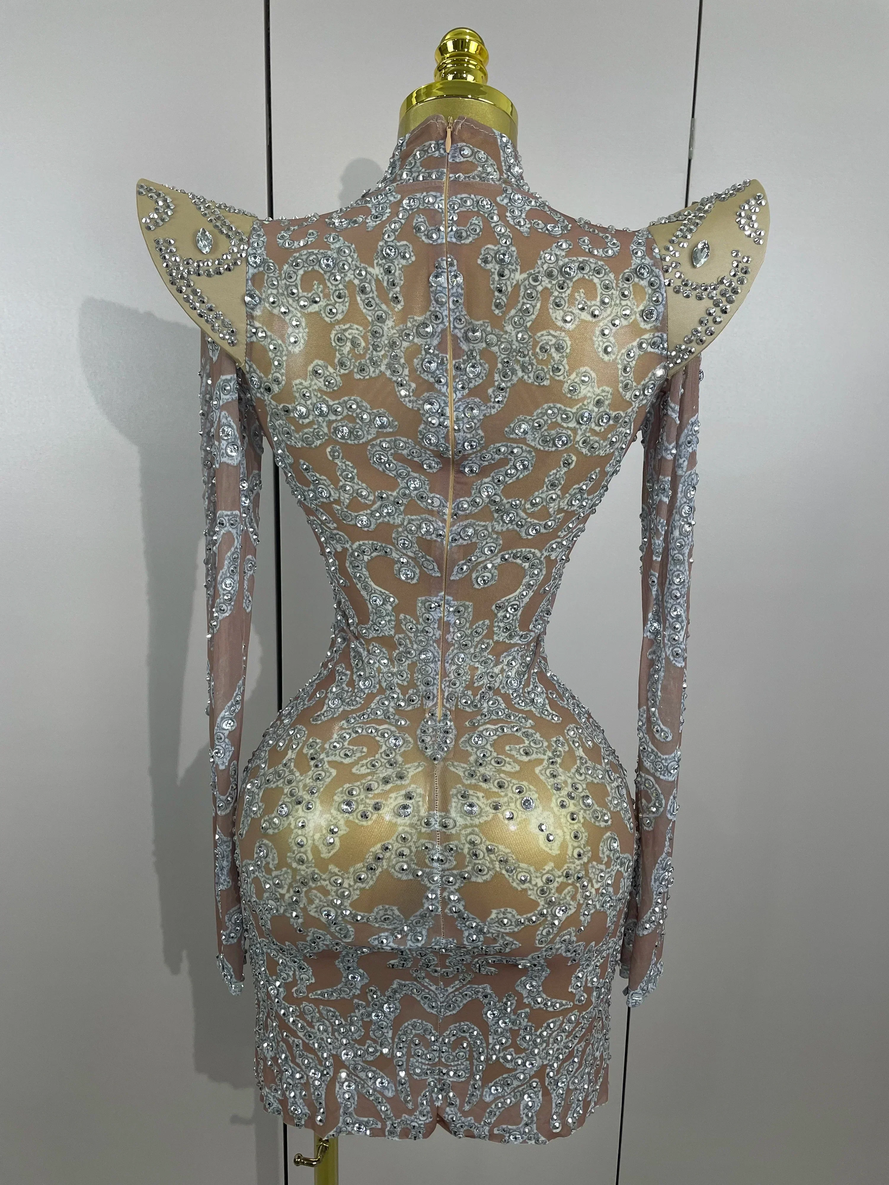 Sexy Singer Stage Drag Queen Costume  Women Shiny Rhinestones Transparent Short Dress Birthday Celebrate Photoshoot Dress - Image 3