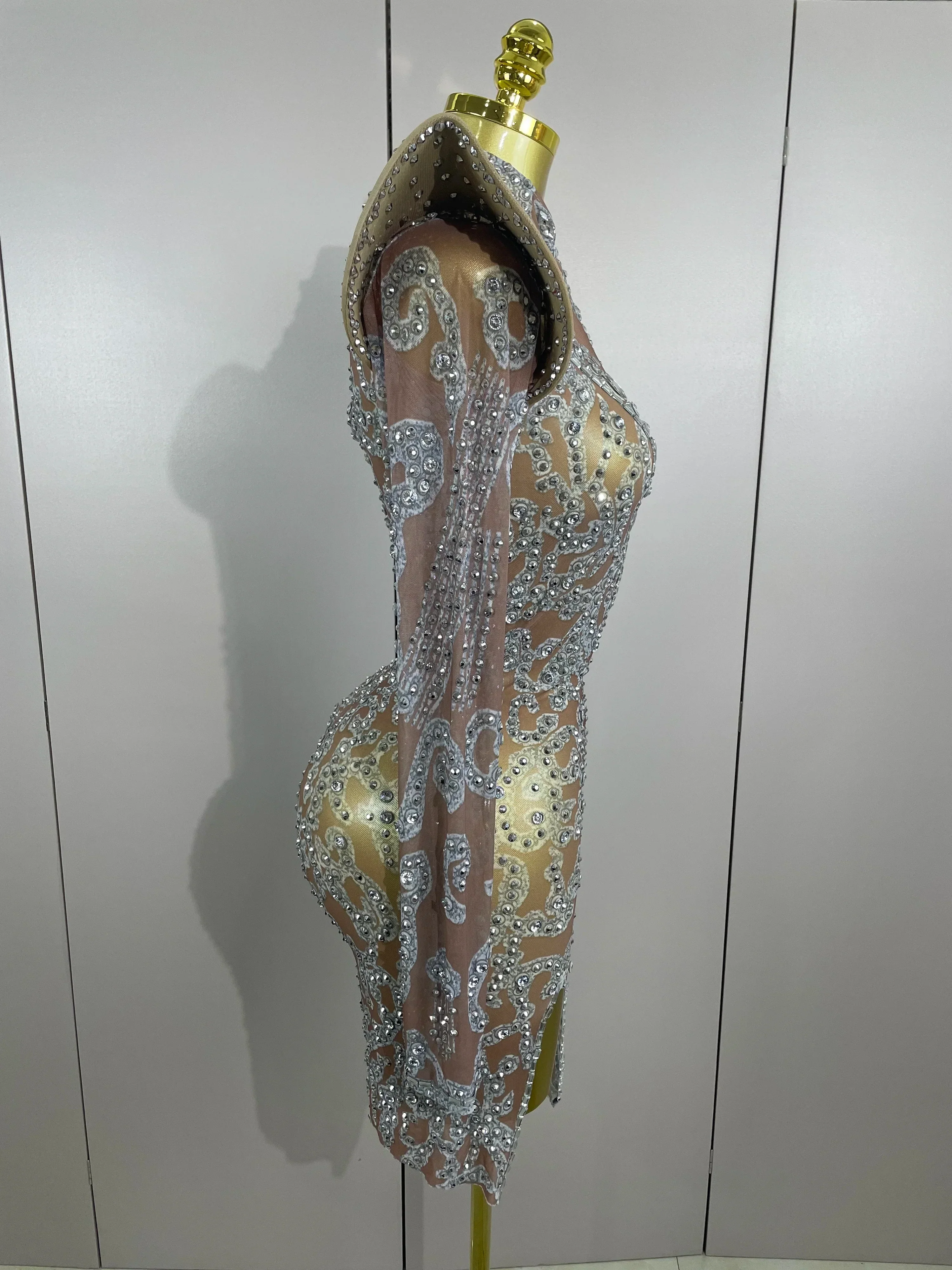 Sexy Singer Stage Drag Queen Costume  Women Shiny Rhinestones Transparent Short Dress Birthday Celebrate Photoshoot Dress - Image 4