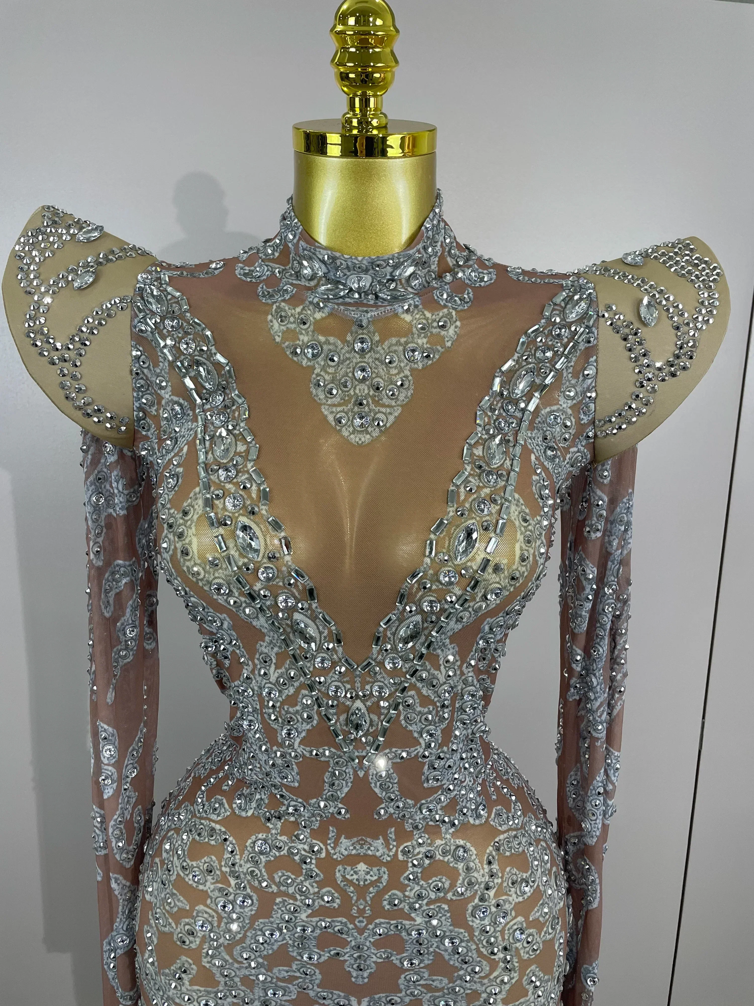 Sexy Singer Stage Drag Queen Costume  Women Shiny Rhinestones Transparent Short Dress Birthday Celebrate Photoshoot Dress - Image 5