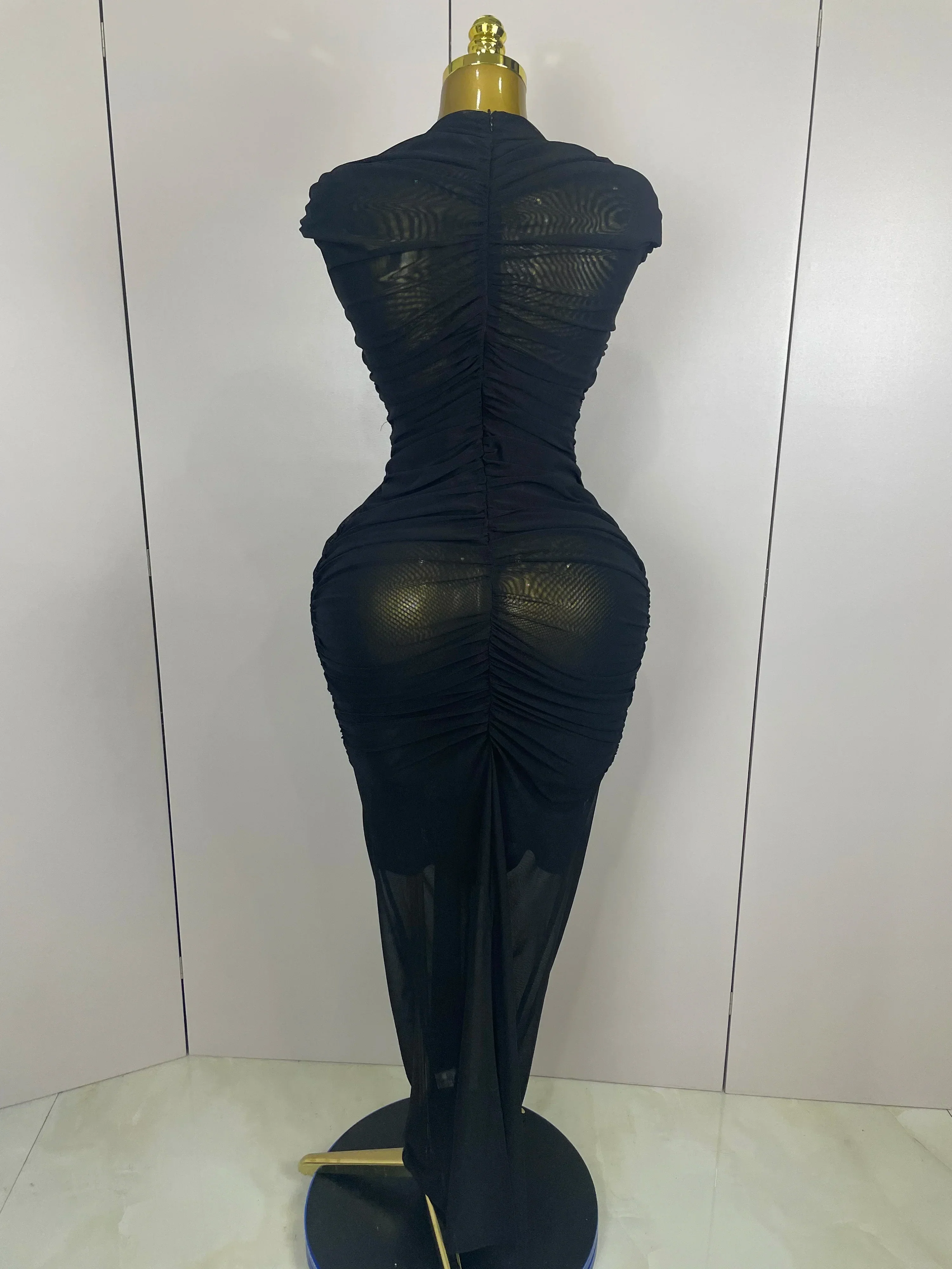 Sexy Sleeveless O-Neck Bodycon Mesh Long Dress  Women Hollow Out Celebrate Fashion Show Celebrity Evening Party Club Dress - Image 3