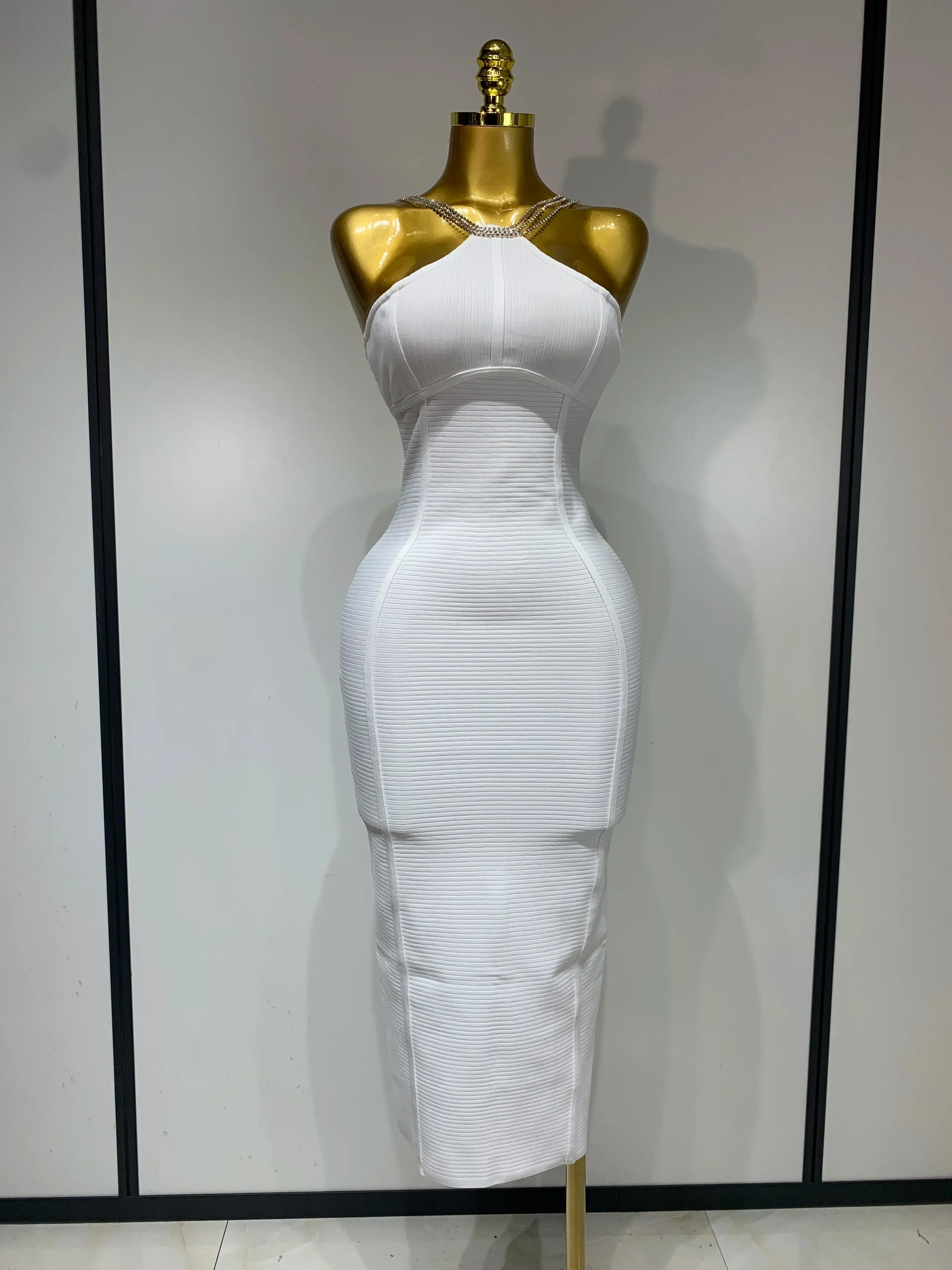 Sexy Sling Backless Crystal Diamonds Chain Bodycon Bandage Dress  White Elegant Evening Club Luxury Birthday Party Dresses