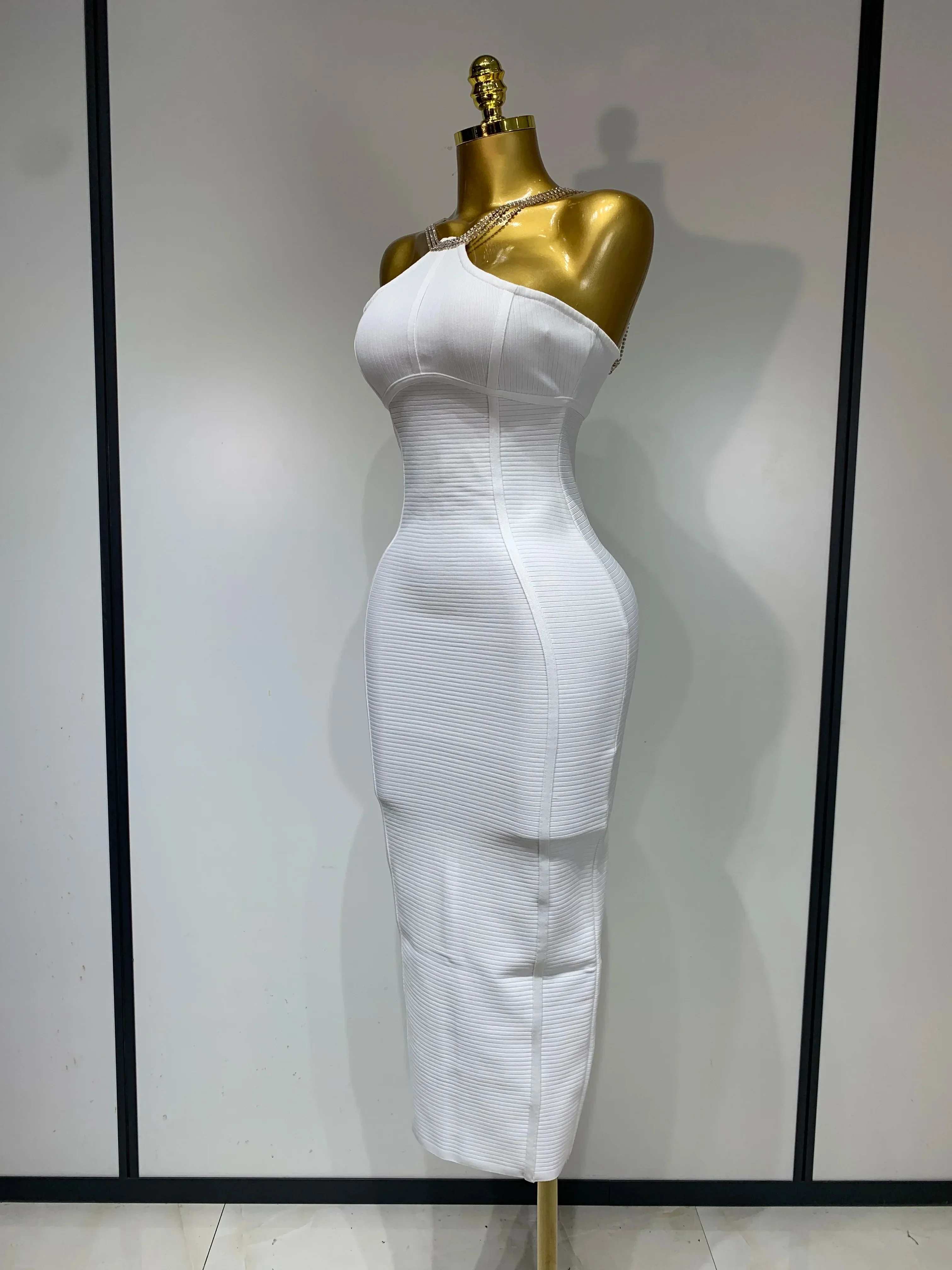 Sexy Sling Backless Crystal Diamonds Chain Bodycon Bandage Dress  White Elegant Evening Club Luxury Birthday Party Dresses - Image 2