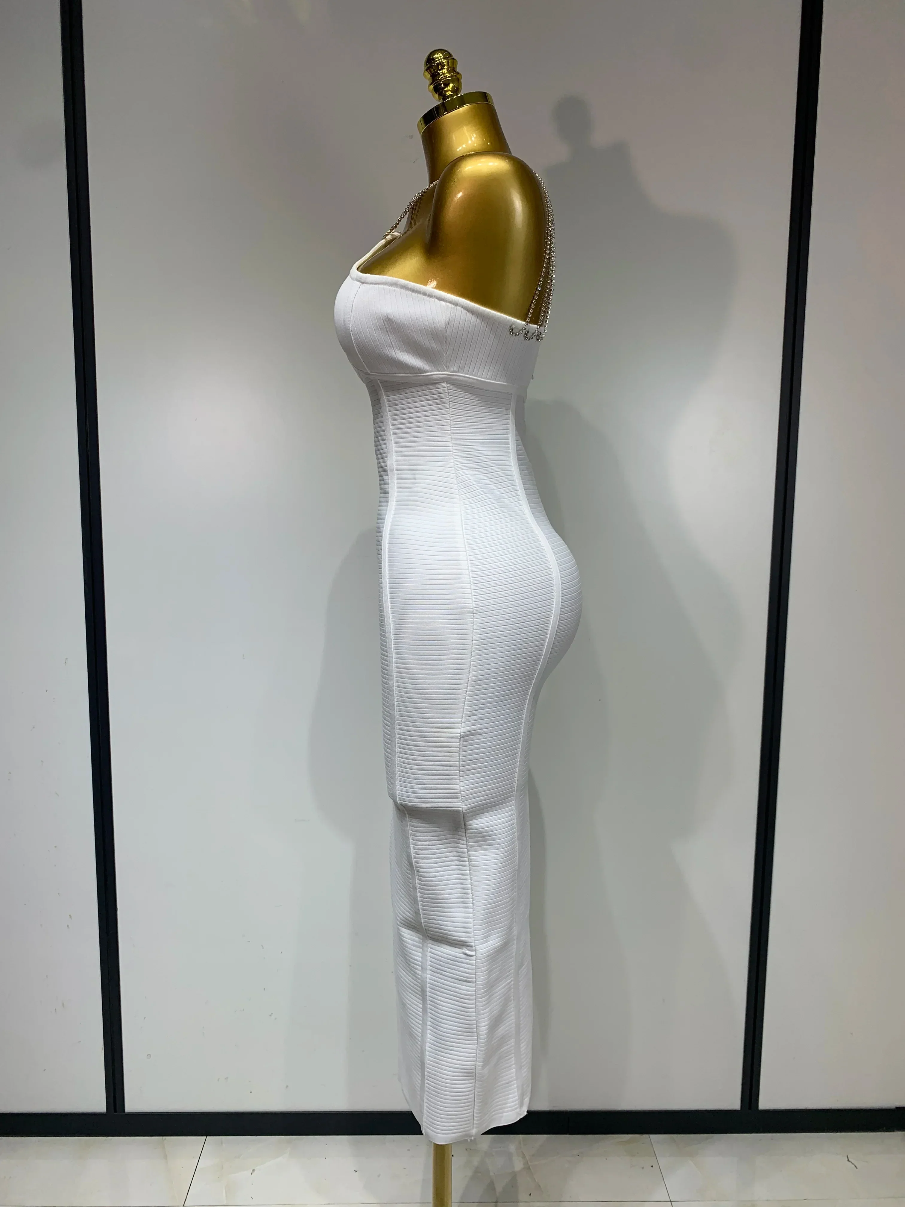 Sexy Sling Backless Crystal Diamonds Chain Bodycon Bandage Dress  White Elegant Evening Club Luxury Birthday Party Dresses - Image 3