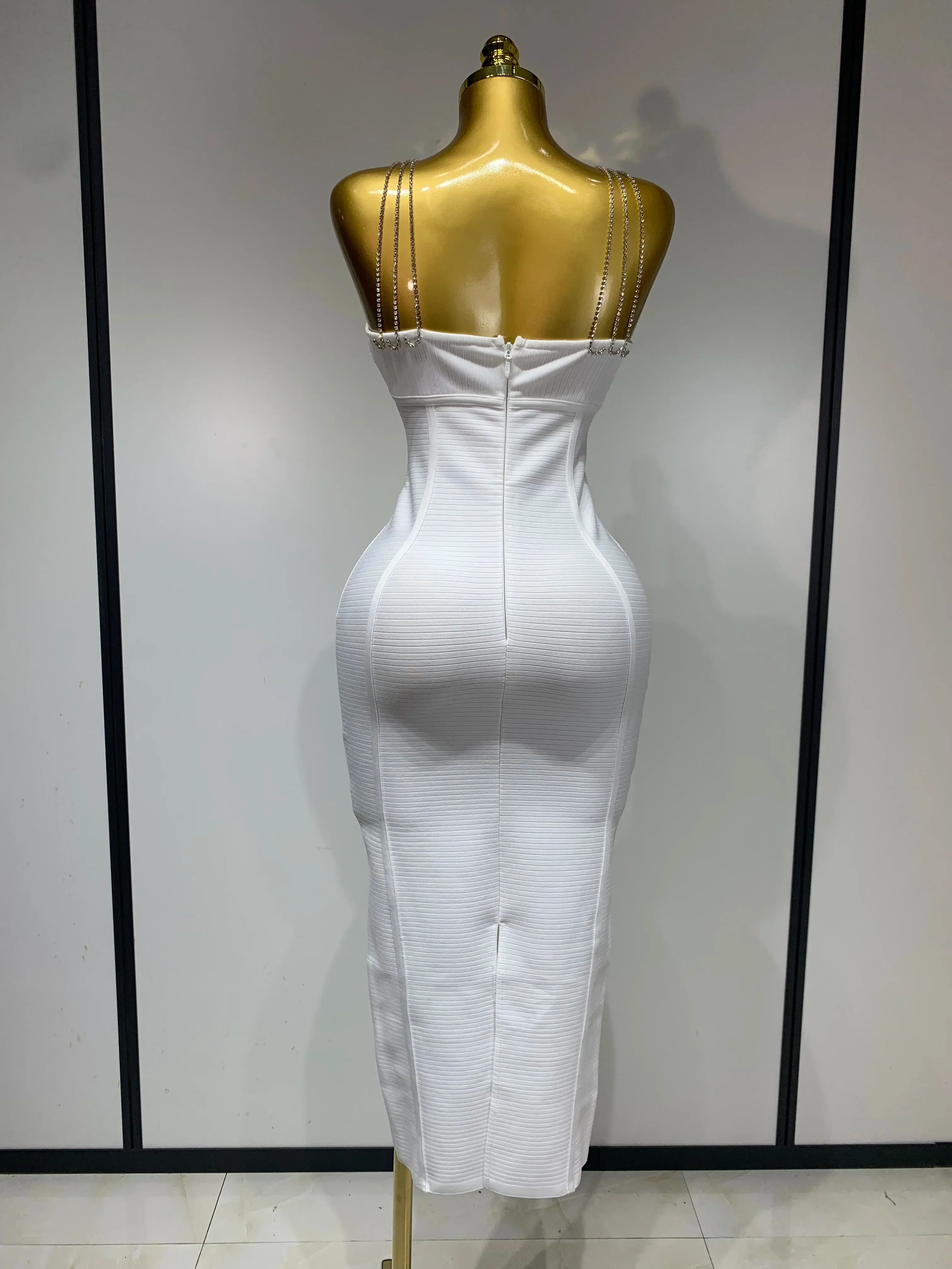 Sexy Sling Backless Crystal Diamonds Chain Bodycon Bandage Dress  White Elegant Evening Club Luxury Birthday Party Dresses - Image 4