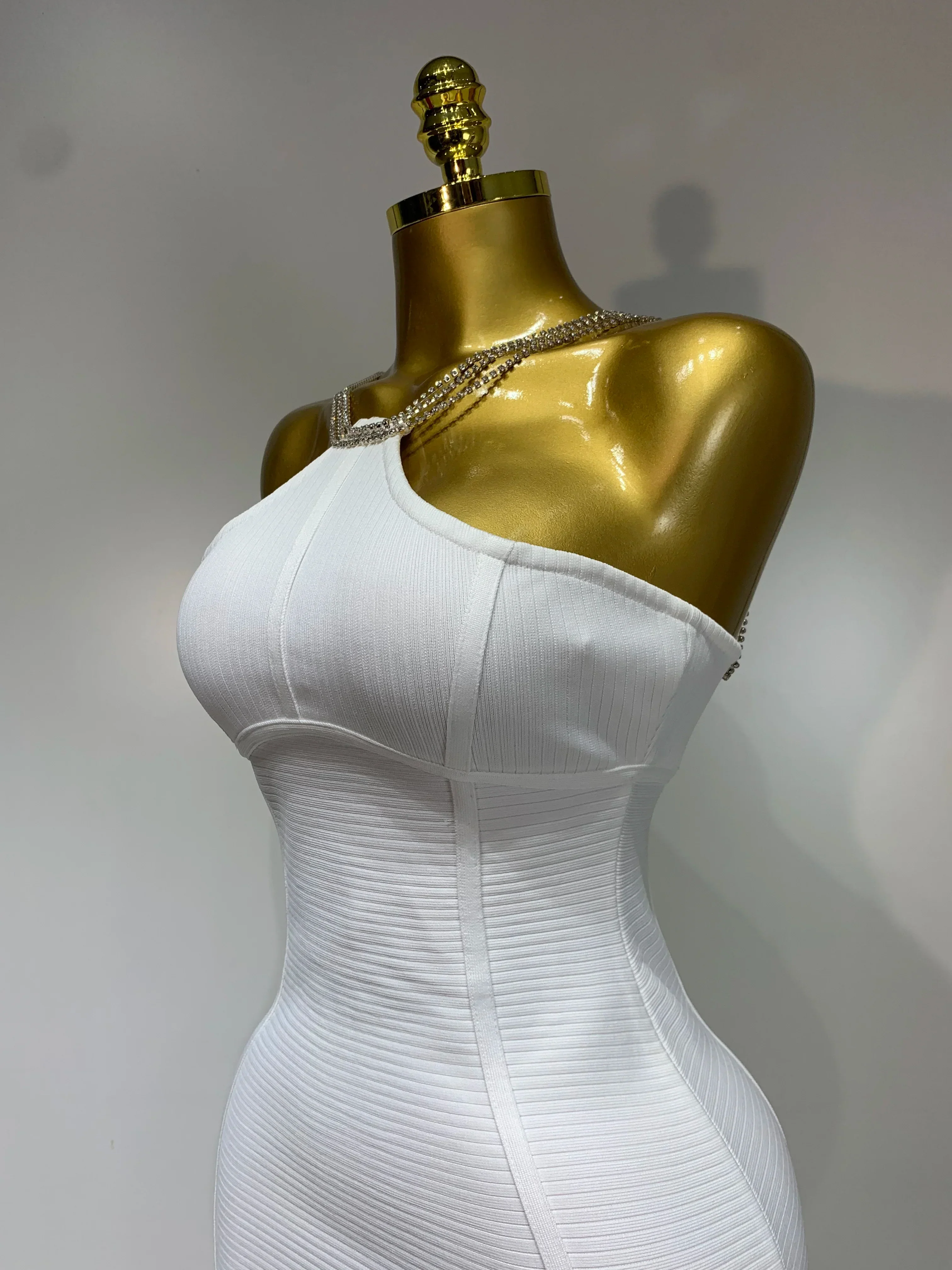 Sexy Sling Backless Crystal Diamonds Chain Bodycon Bandage Dress  White Elegant Evening Club Luxury Birthday Party Dresses - Image 5
