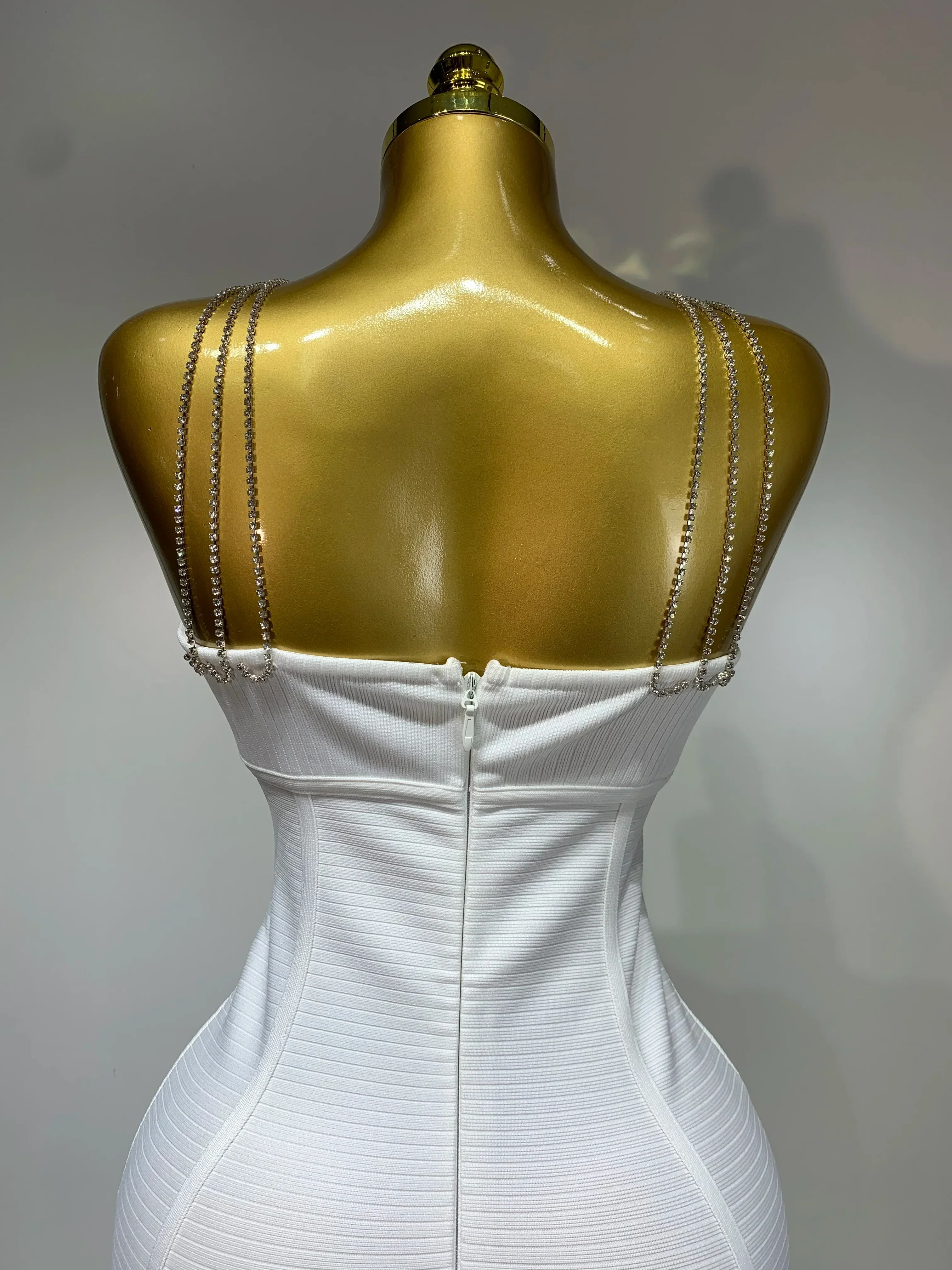 Sexy Sling Backless Crystal Diamonds Chain Bodycon Bandage Dress  White Elegant Evening Club Luxury Birthday Party Dresses - Image 6