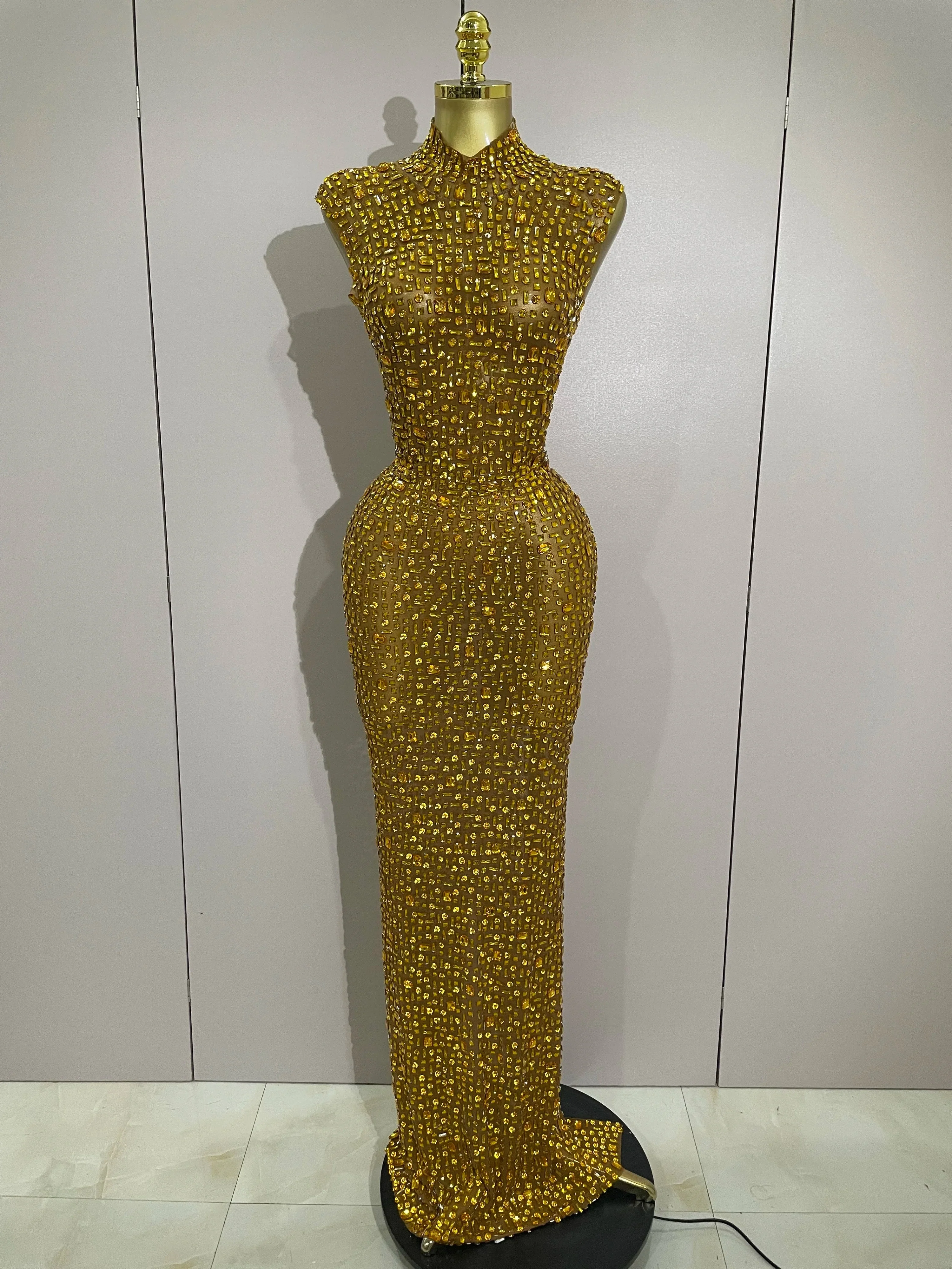 Sexy Sparkly Crystal Diamonds Mesh See Through Long Dress  Women Elegant Party Costume Singer Stage Performance Outfit - Image 5