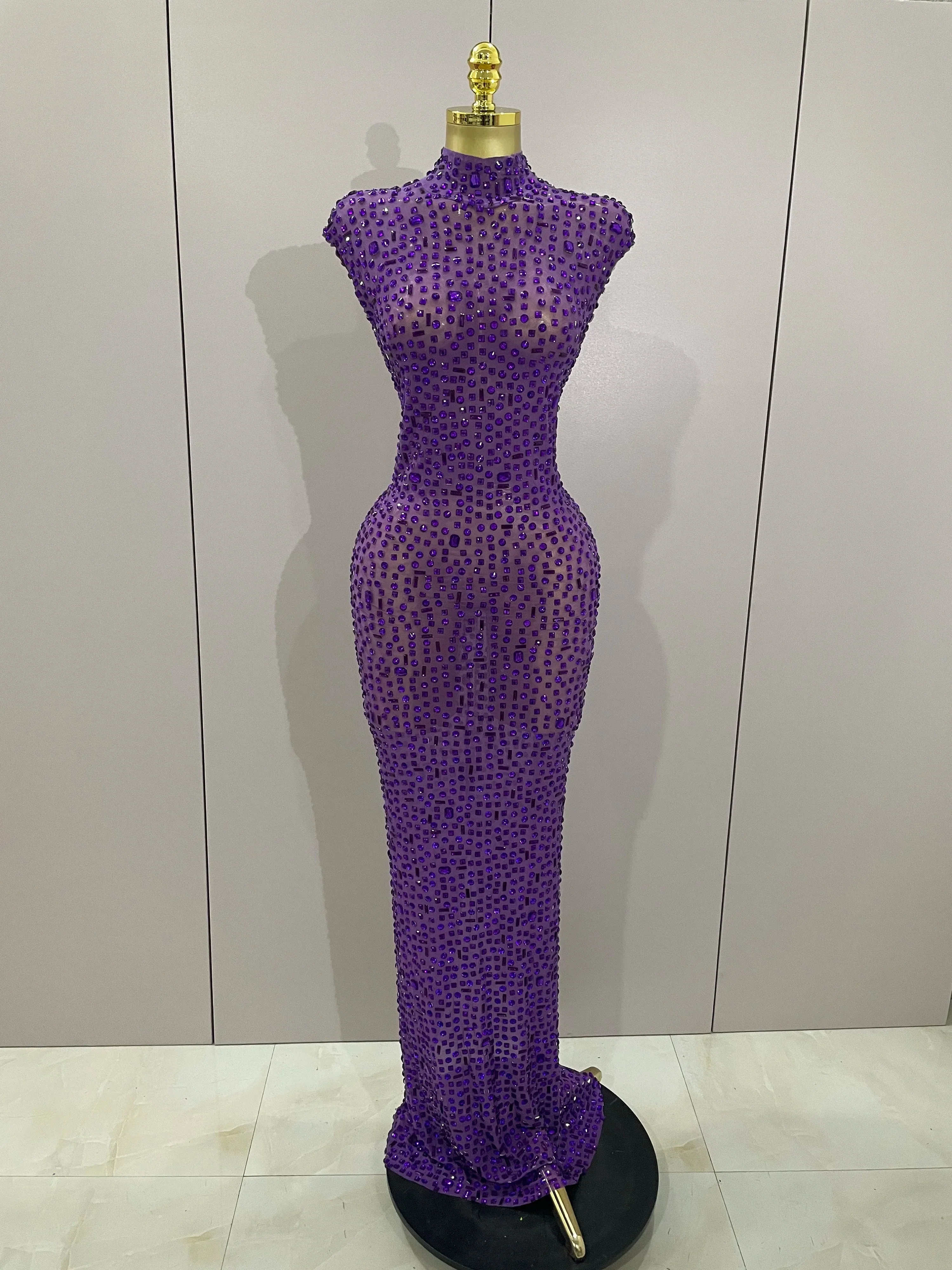 Sexy Sparkly Crystal Diamonds Mesh See Through Long Dress  Women Elegant Party Costume Singer Stage Performance Outfit - Image 6