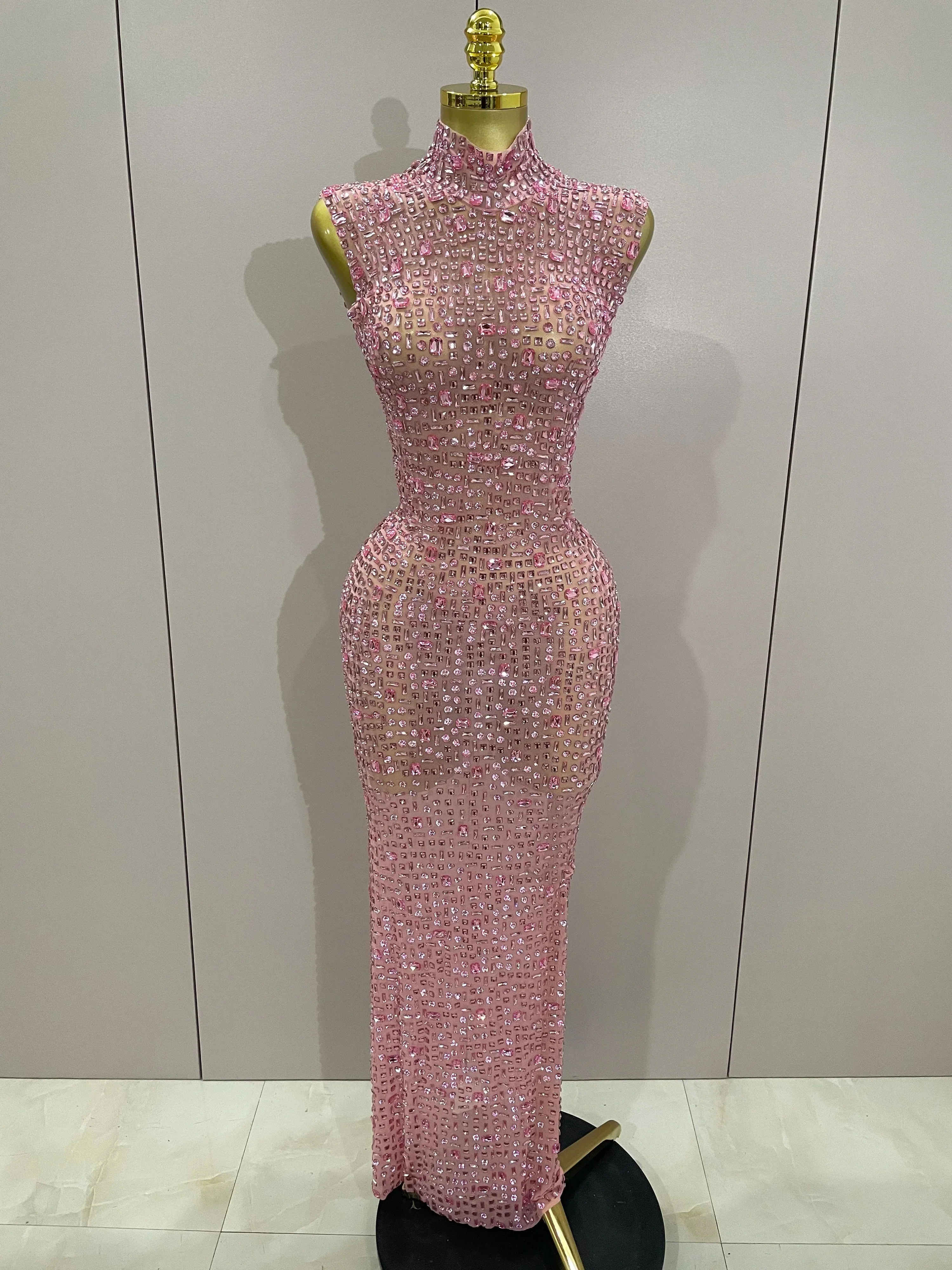 Sexy Sparkly Crystal Diamonds Mesh See Through Long Dress  Women Elegant Party Costume Singer Stage Performance Outfit - Image 7