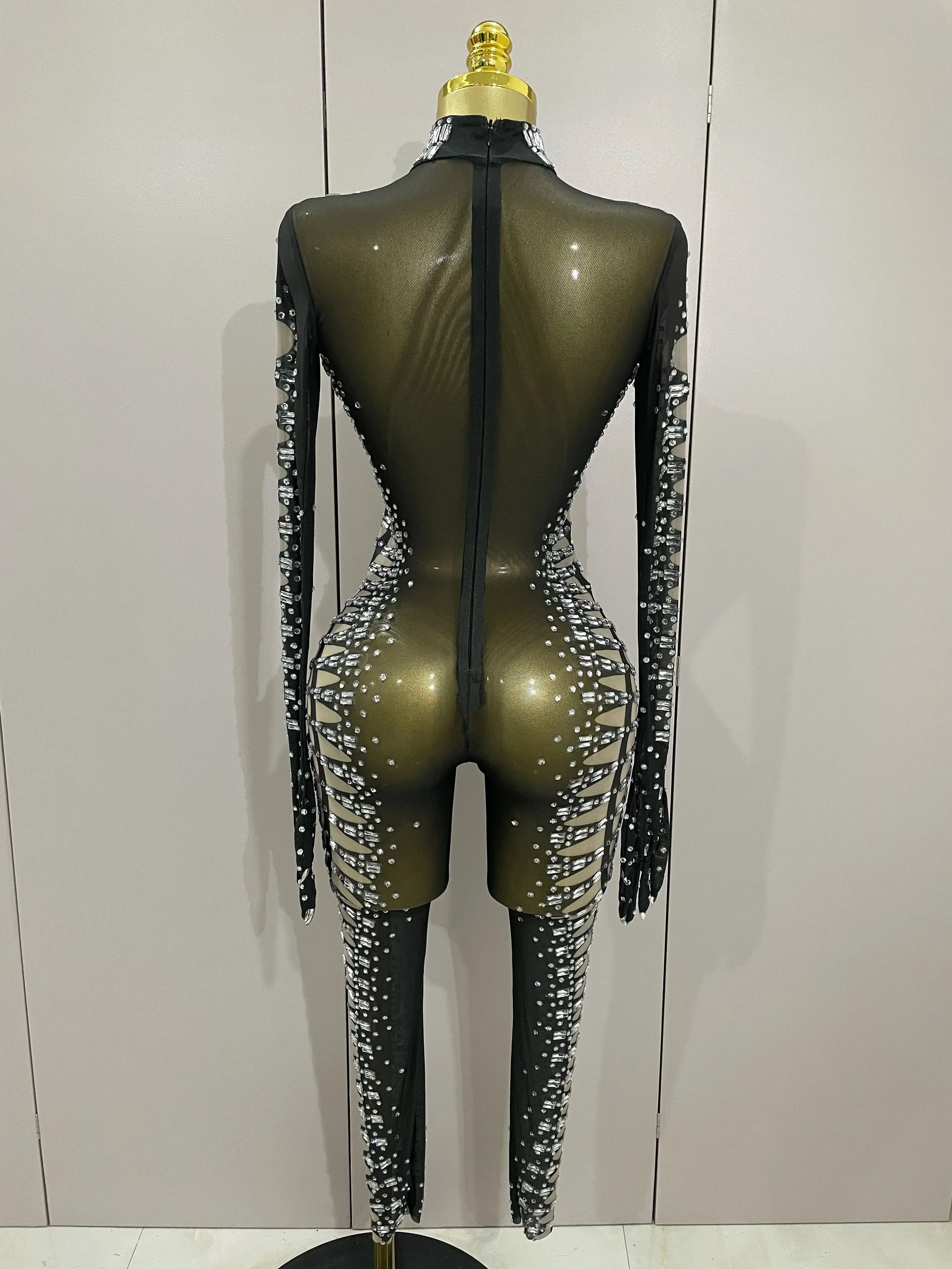Sexy Sparkly Crystals Black Mesh Jumpsuit With Gloves  Women Celebrate Birthday Party NightClub Singer Dance Stage Costumes - Image 3