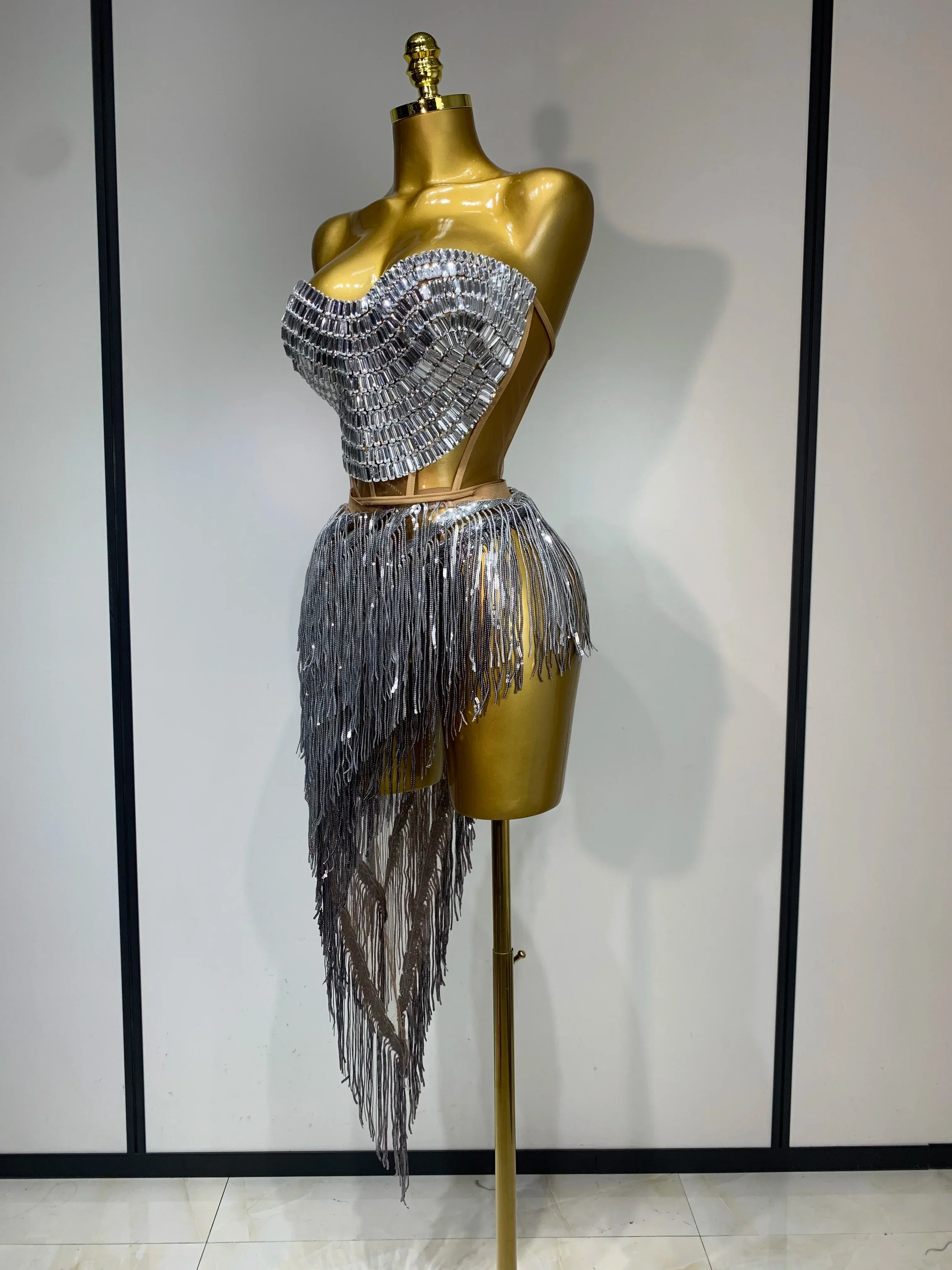 Sexy Sparkly Diamond Tassel Two Piece Set Women Evening Party Luxury Birthday Nightclub Singer Dancer Performan Stage Costume - Image 2