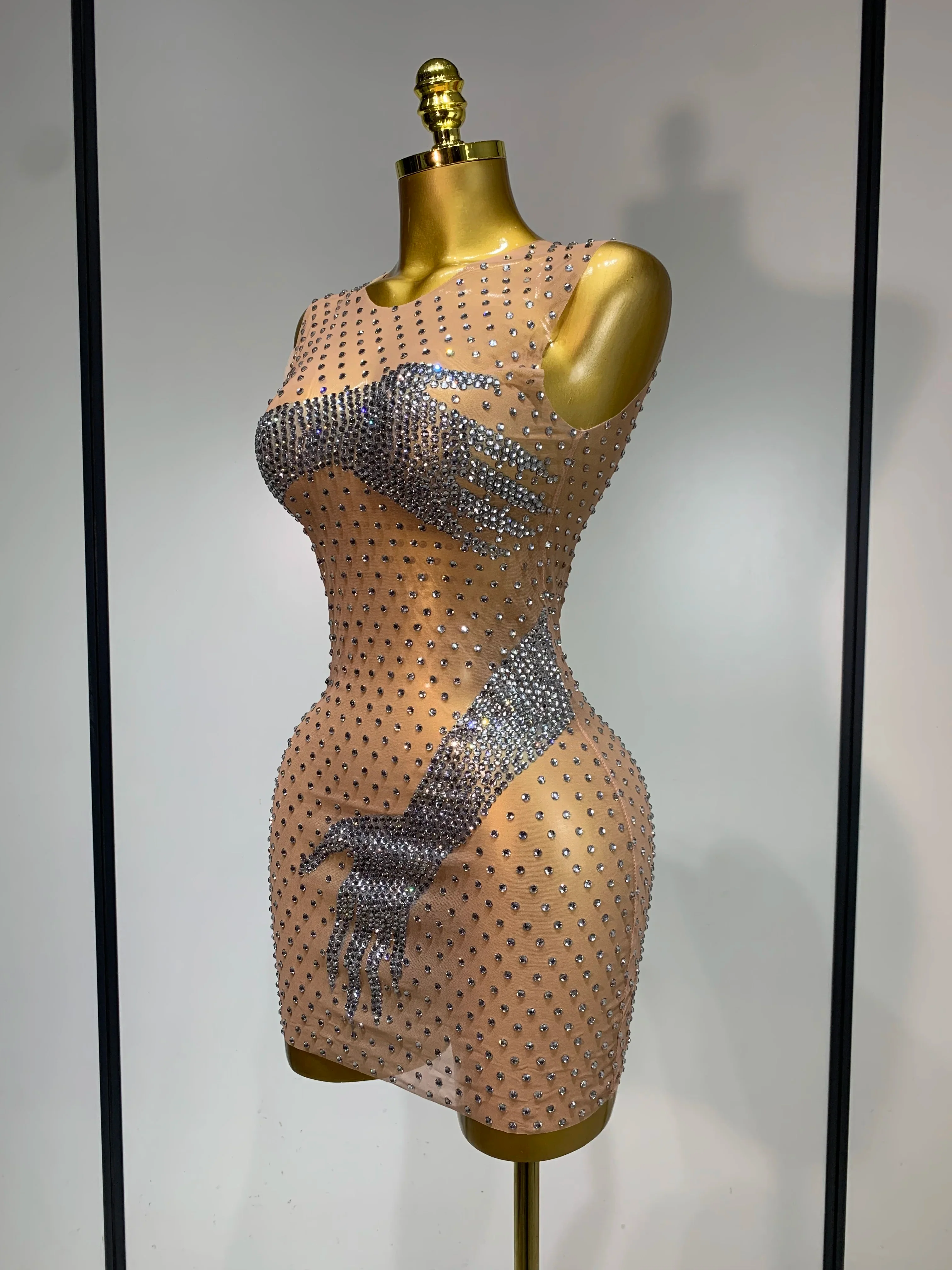 Sexy Sparkly Diamonds Mesh Transparent Stretch Mini Dress Women Evening Party Luxury Birthday Nigthclub Stage Performance Outfit - Image 2