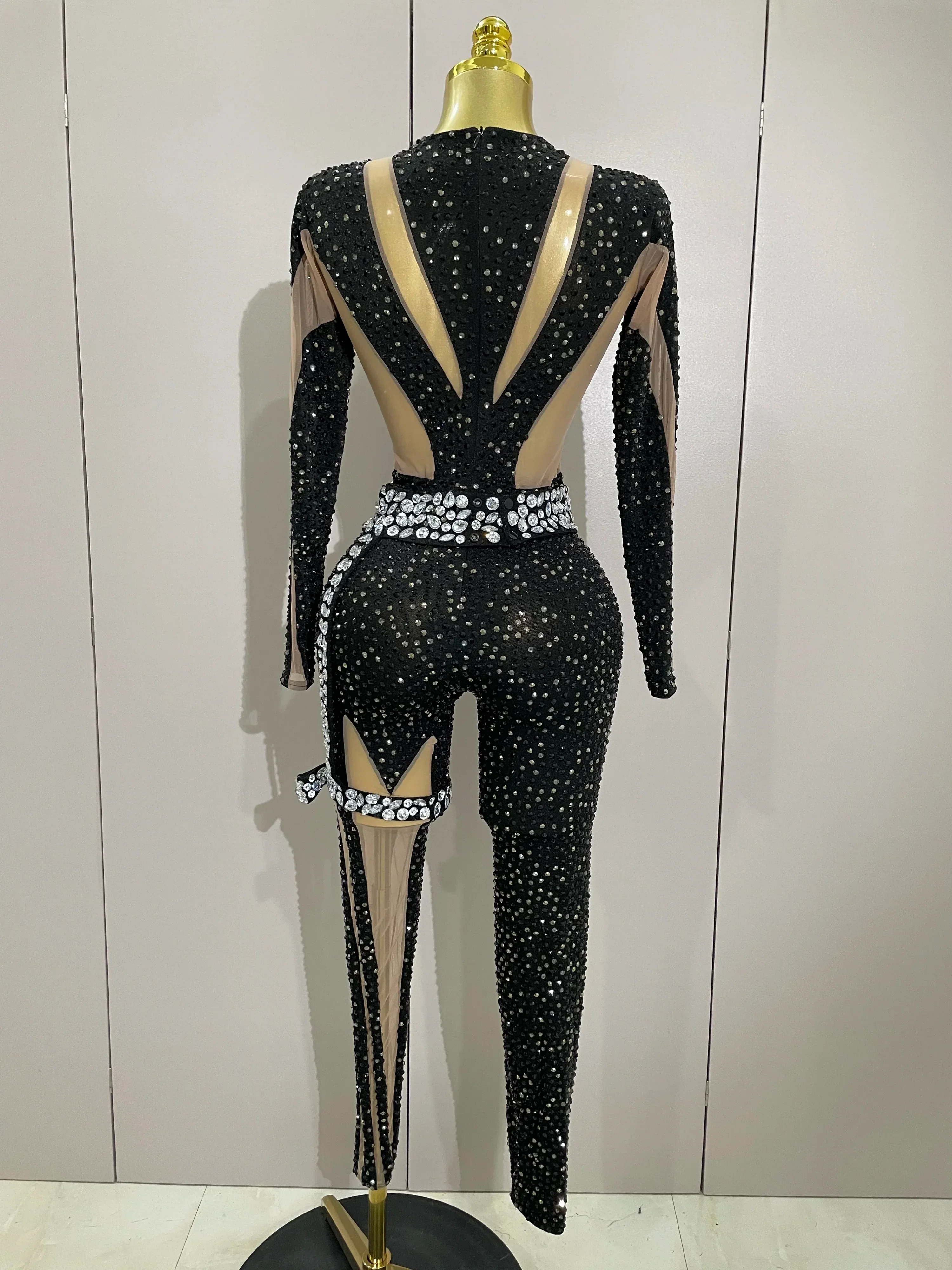Sexy Sparkly Full Diamond Black Perspective Waist Cinching Asymmetrical Mesh Jumpsuit Birthday Party Nightclub Stage Costume - Image 3