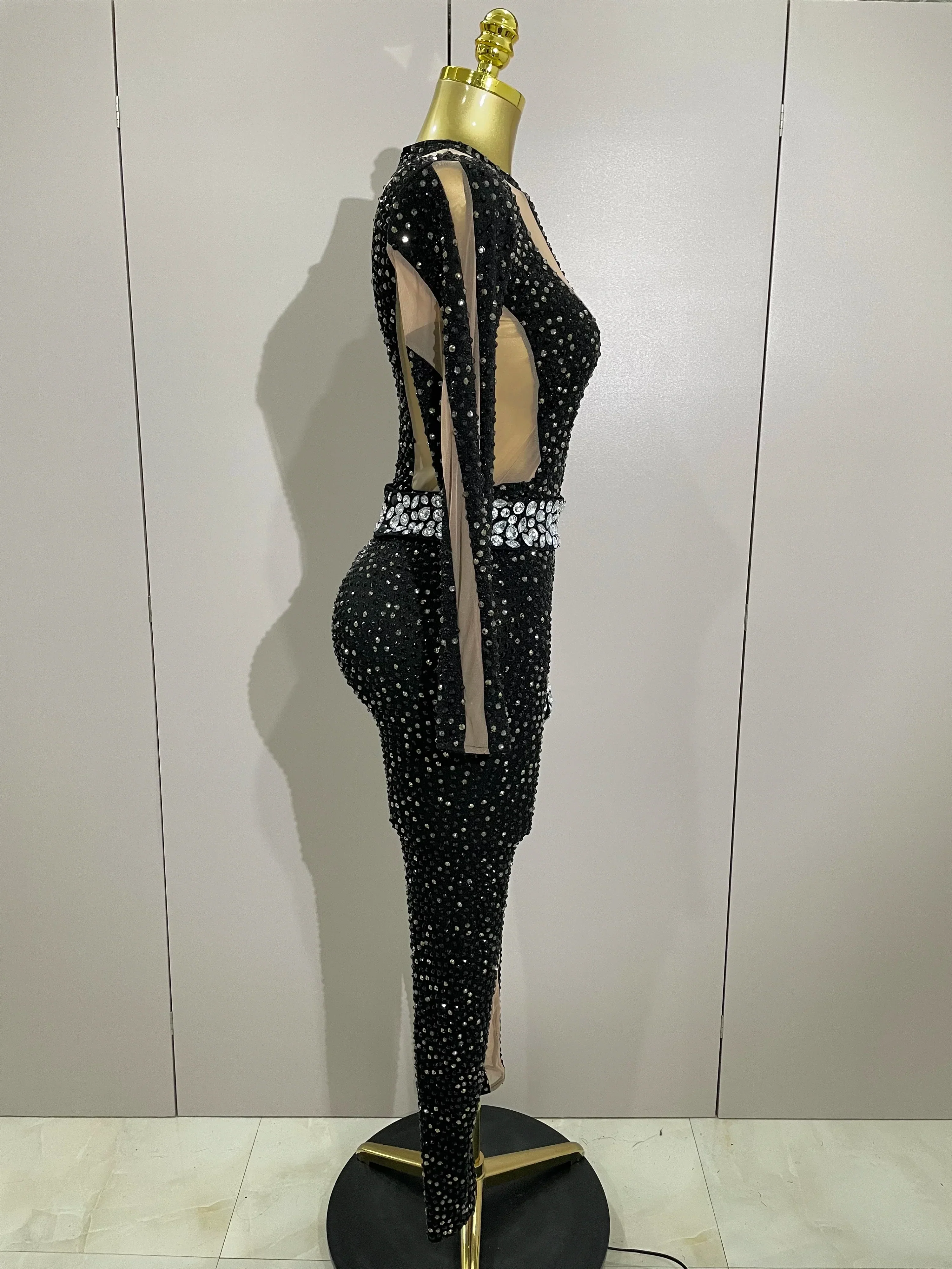 Sexy Sparkly Full Diamond Black Perspective Waist Cinching Asymmetrical Mesh Jumpsuit Birthday Party Nightclub Stage Costume - Image 4