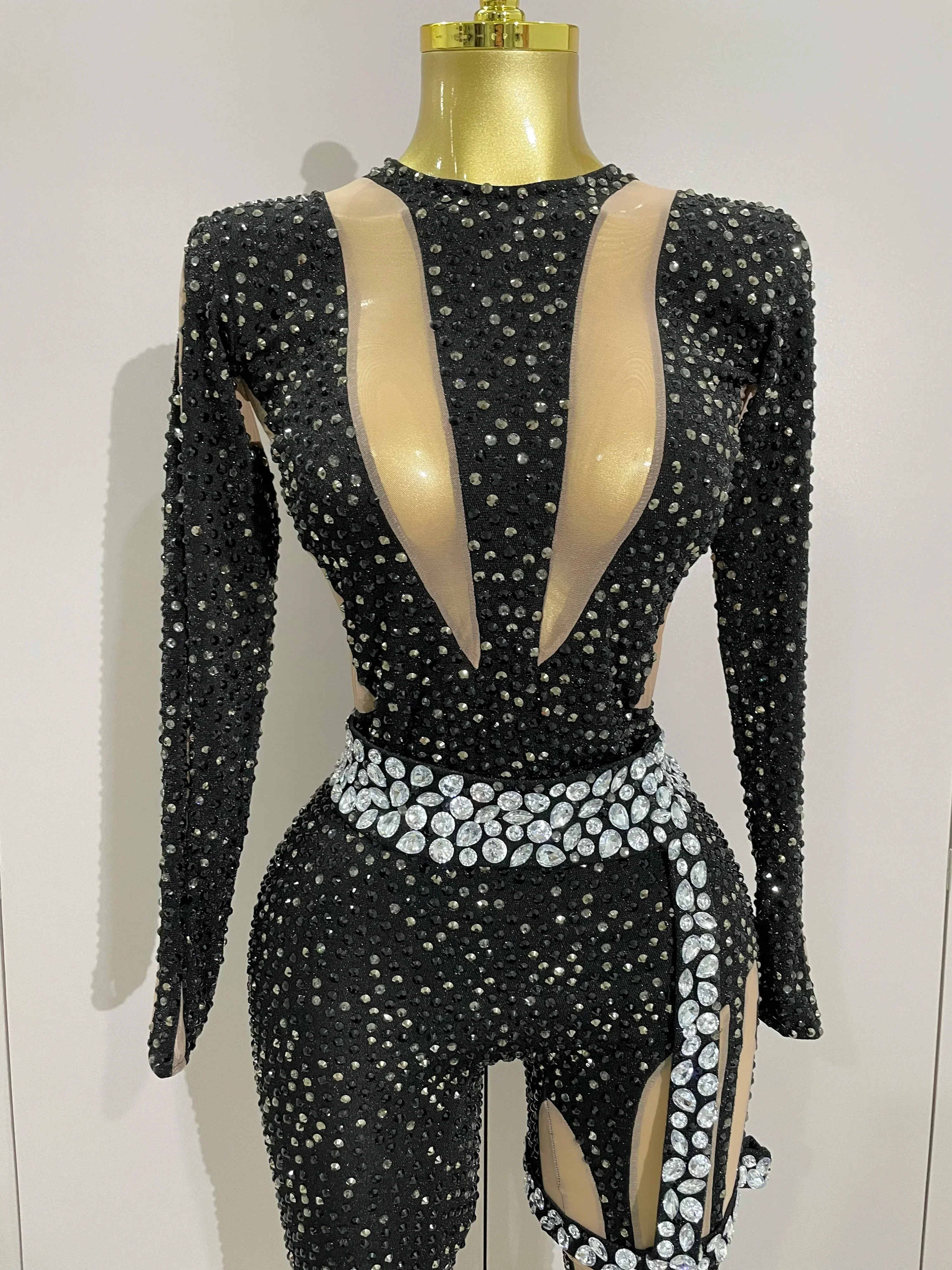 Sexy Sparkly Full Diamond Black Perspective Waist Cinching Asymmetrical Mesh Jumpsuit Birthday Party Nightclub Stage Costume - Image 5