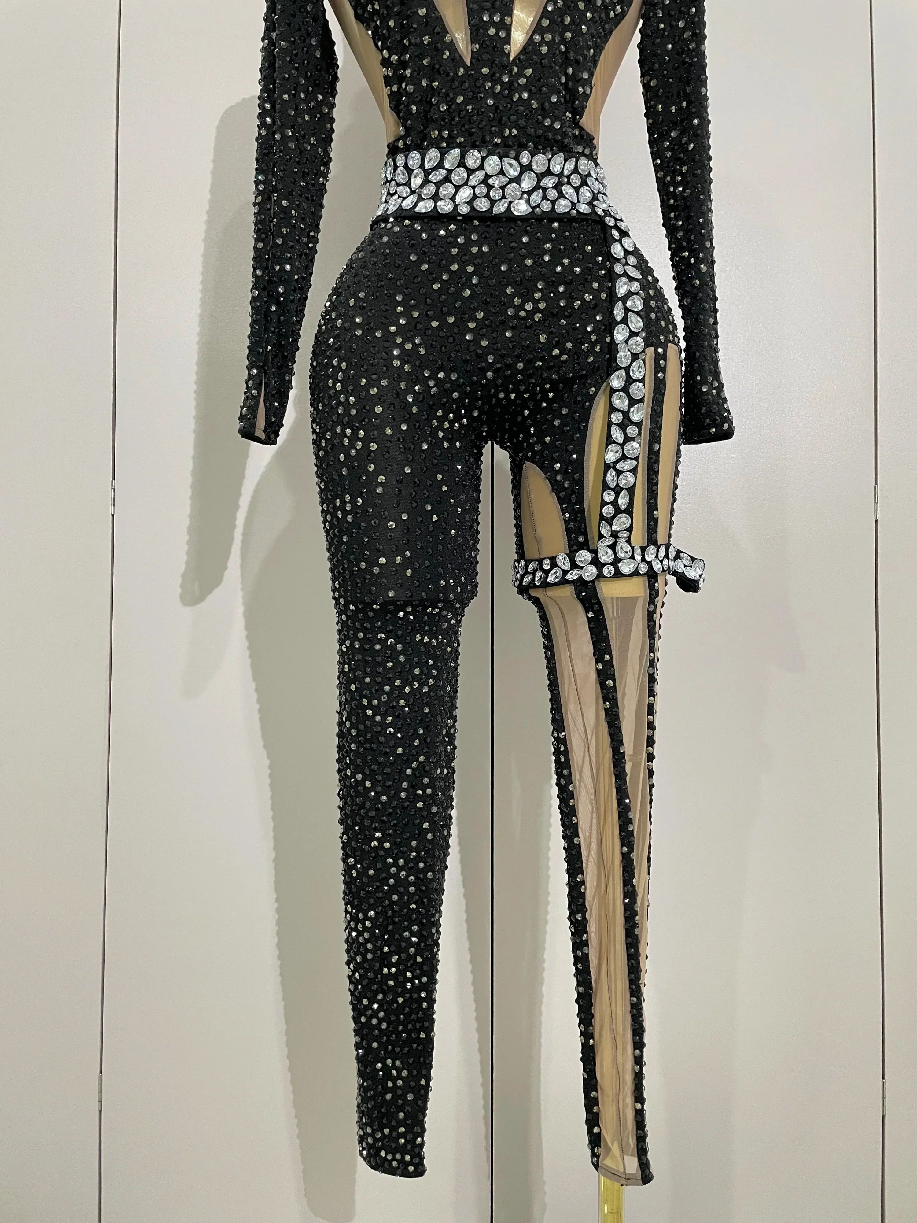 Sexy Sparkly Full Diamond Black Perspective Waist Cinching Asymmetrical Mesh Jumpsuit Birthday Party Nightclub Stage Costume - Image 6