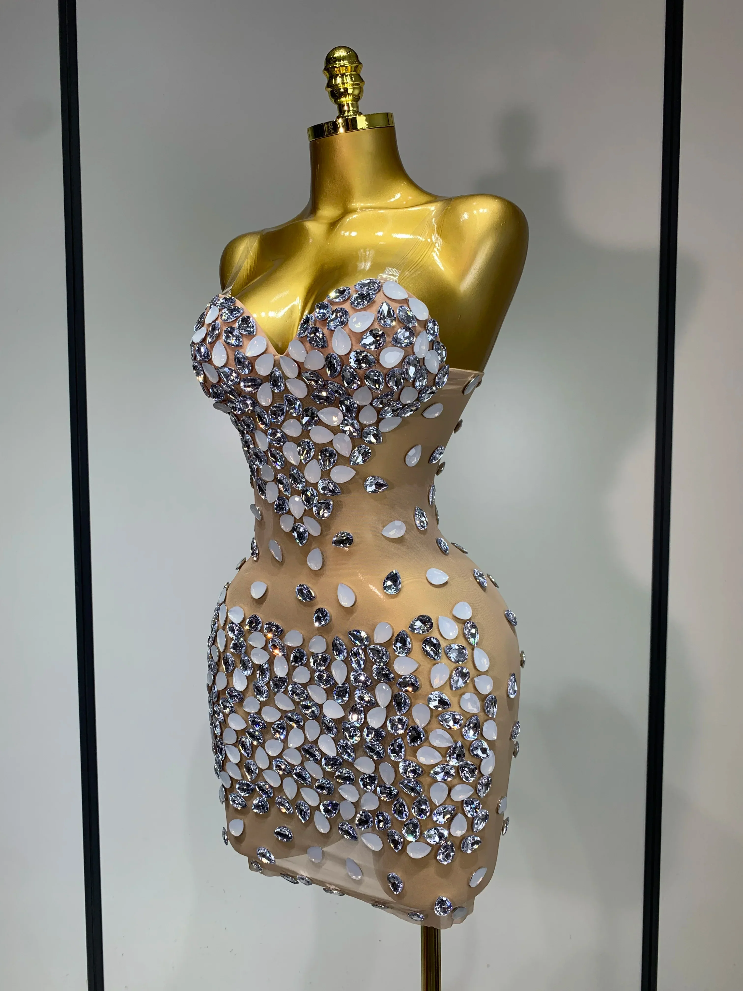 Sexy Sparkly Rhinestone Backless Mini Dress Women Sleeveless Mesh See Through Evening Party Luxury Birthday Gown Stage Outfit - Image 2