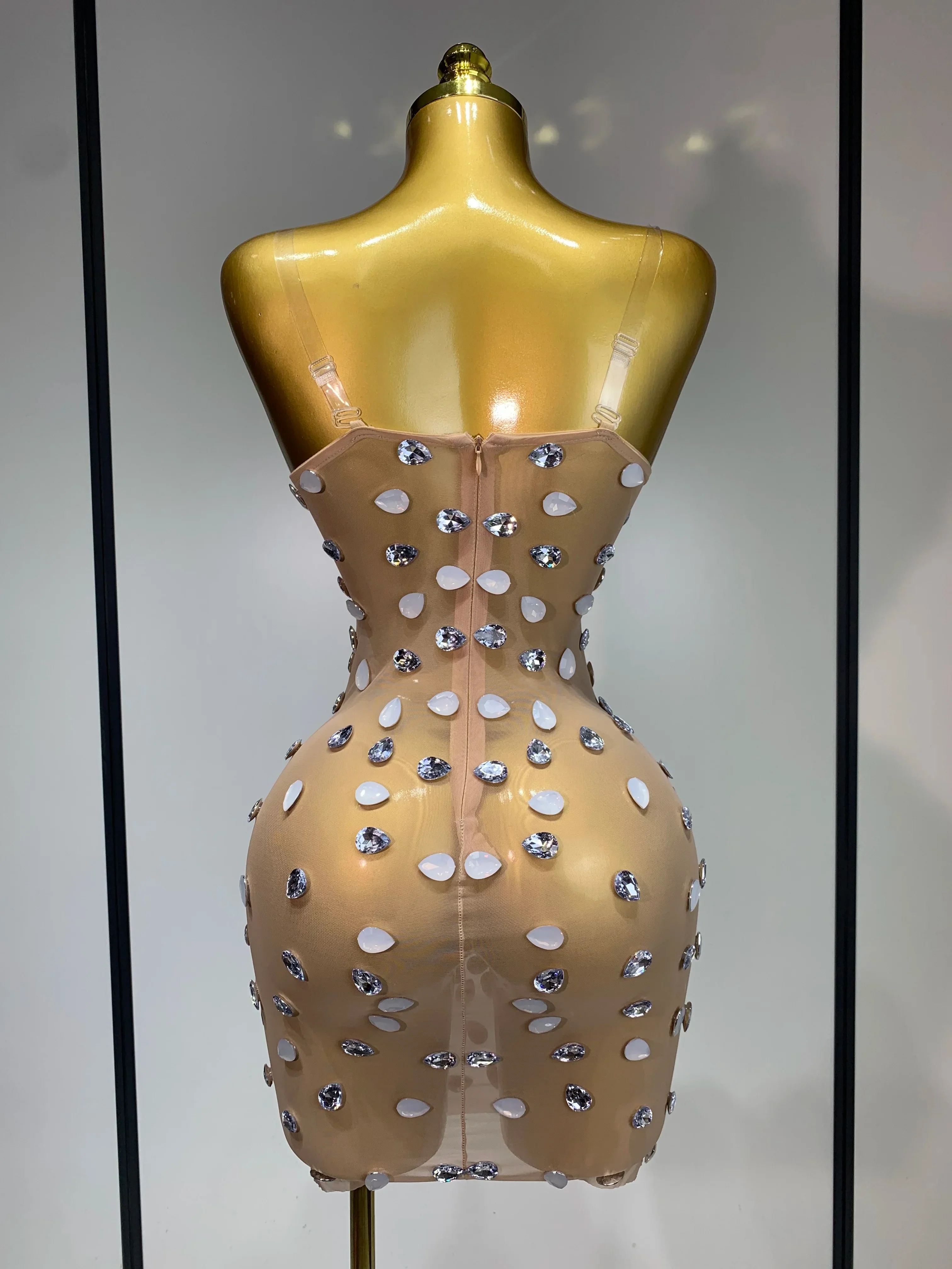 Sexy Sparkly Rhinestone Backless Mini Dress Women Sleeveless Mesh See Through Evening Party Luxury Birthday Gown Stage Outfit - Image 4