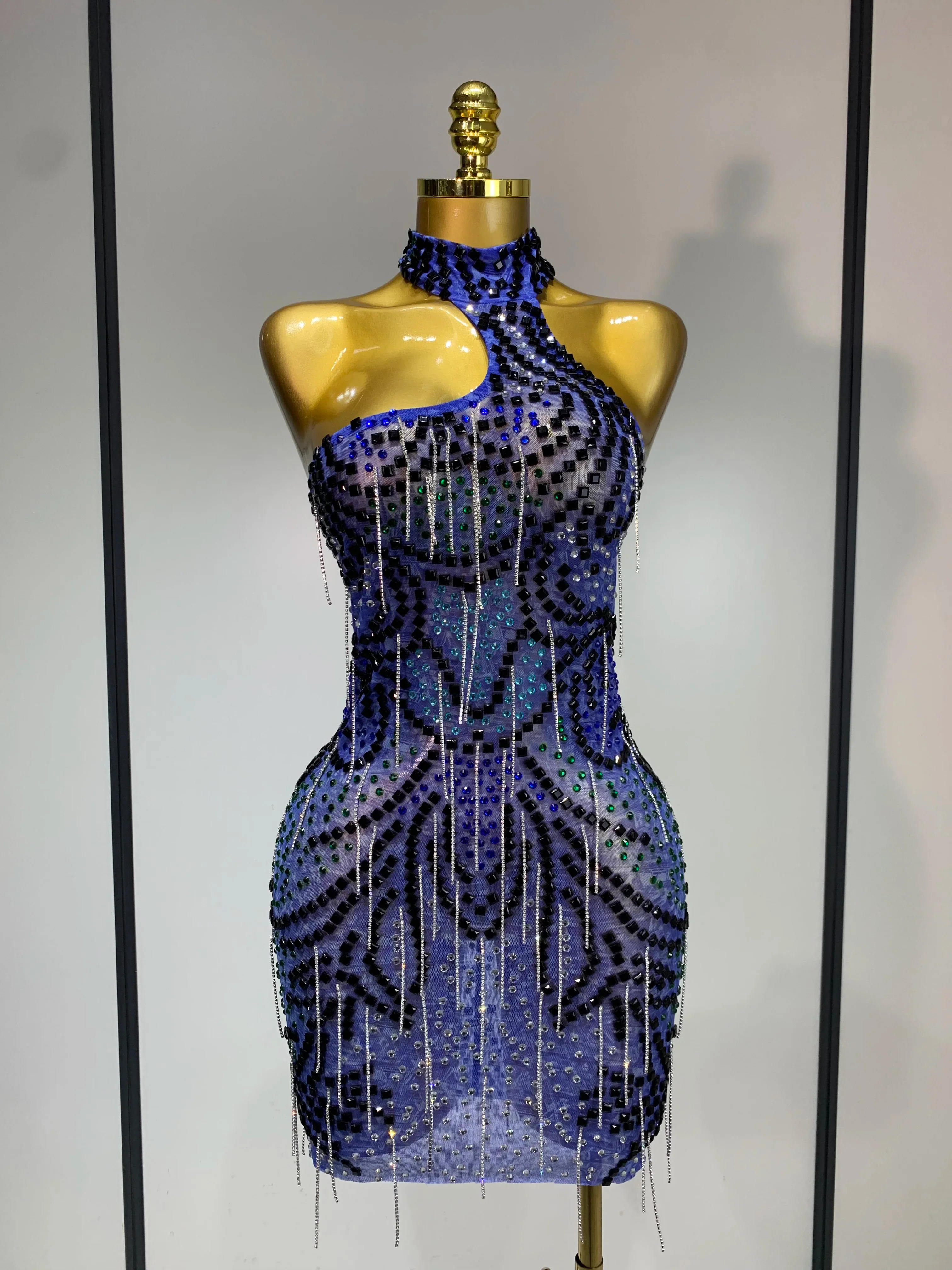 Sexy Sparkly Rhinestones Chains Blue Mesh Mini Dress New Women Party Celebrate Birthday Dresses Photo Shoot Stage Outfit