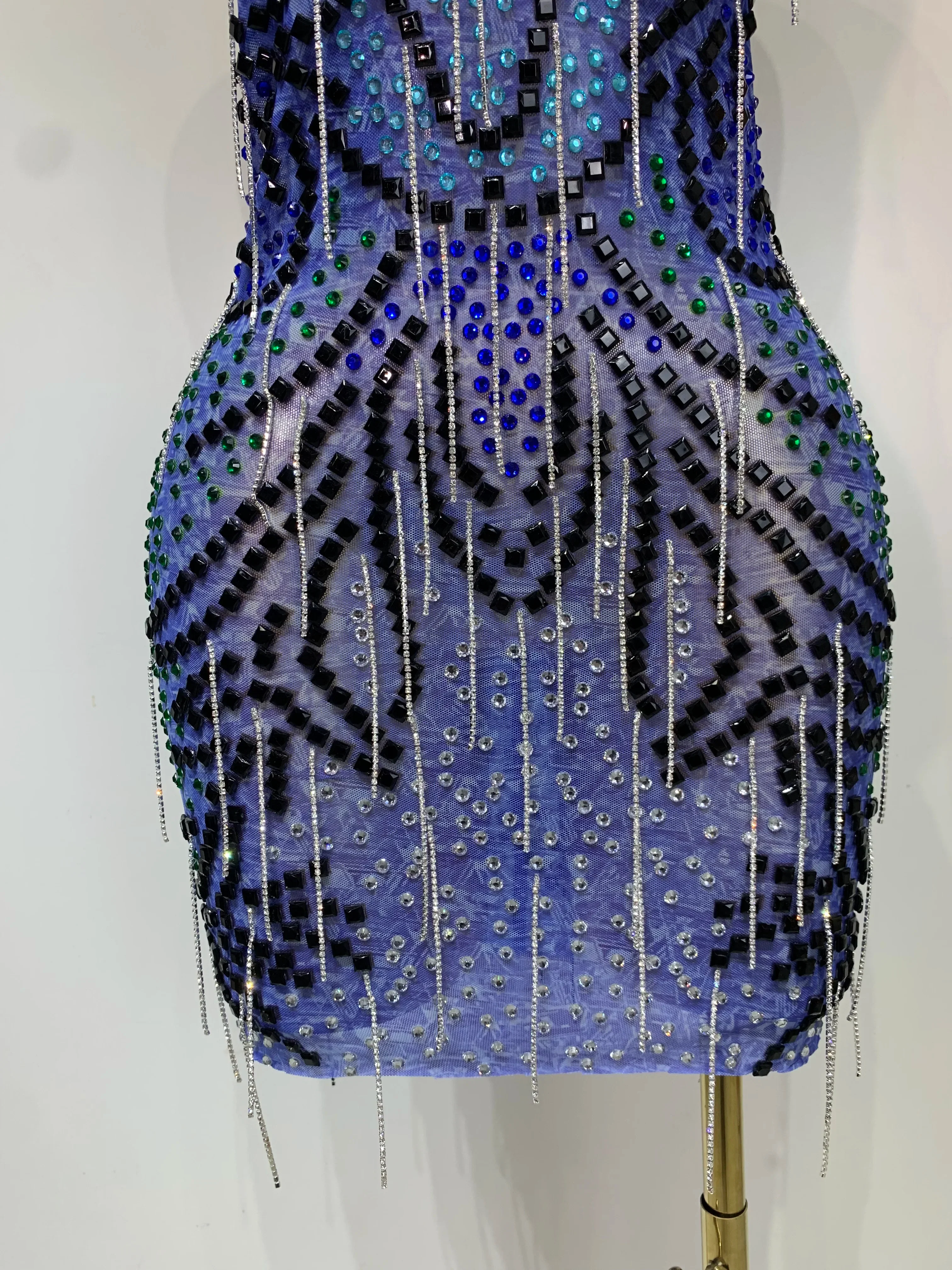 Sexy Sparkly Rhinestones Chains Blue Mesh Mini Dress New Women Party Celebrate Birthday Dresses Photo Shoot Stage Outfit - Image 6