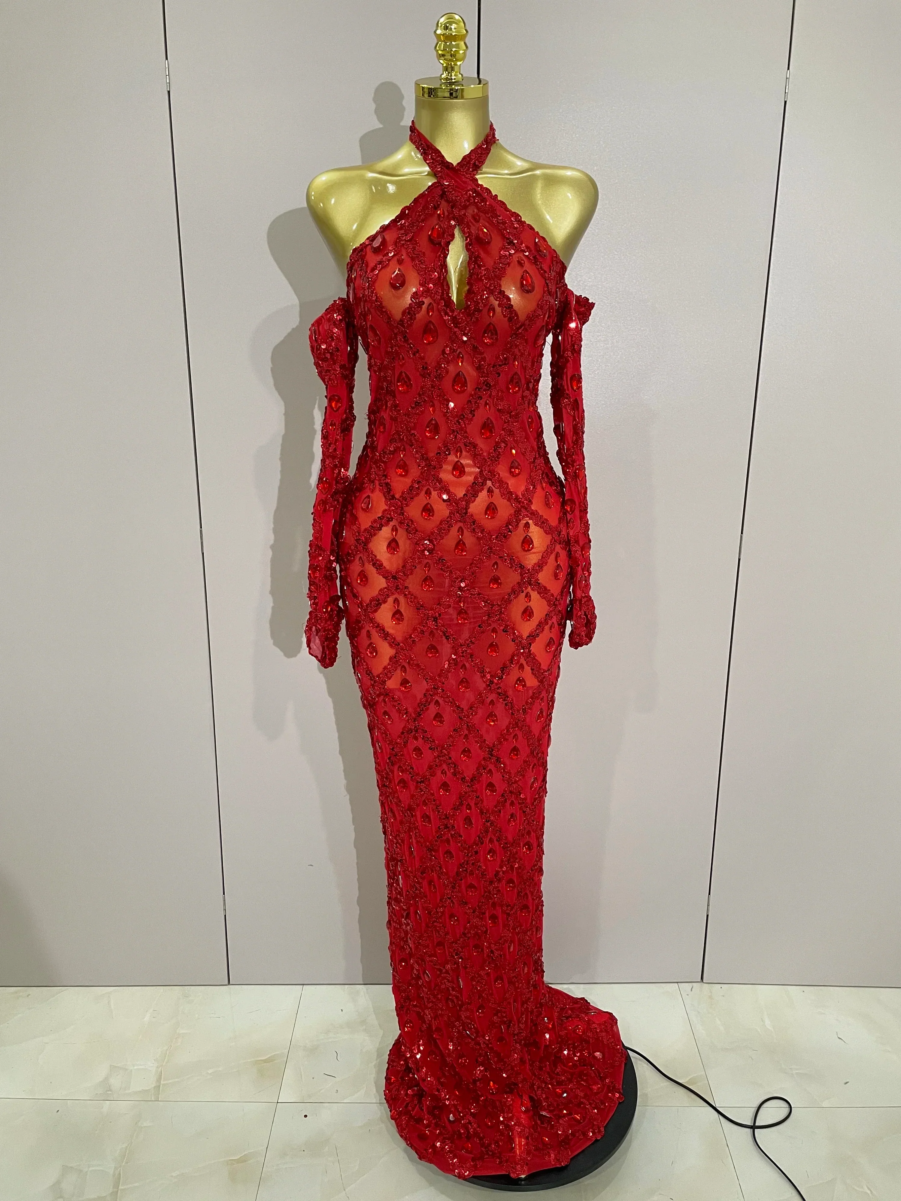 Sexy Sparkly Rhinestones Halter Mesh Long Dress With Gloves Women Celebrate Evening Wedding Prom Birthday Dress Shoot Wear