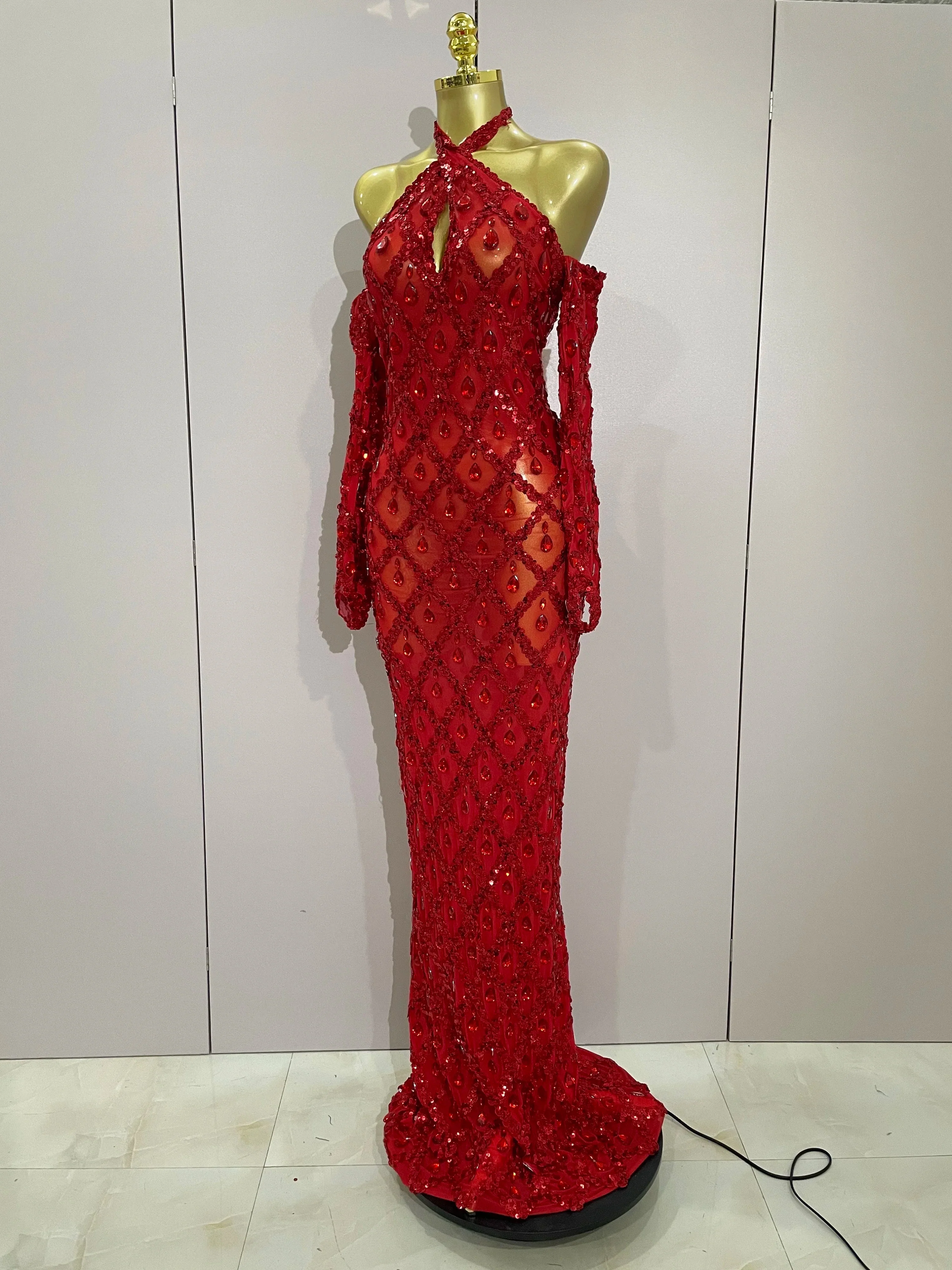 Sexy Sparkly Rhinestones Halter Mesh Long Dress With Gloves Women Celebrate Evening Wedding Prom Birthday Dress Shoot Wear - Image 2