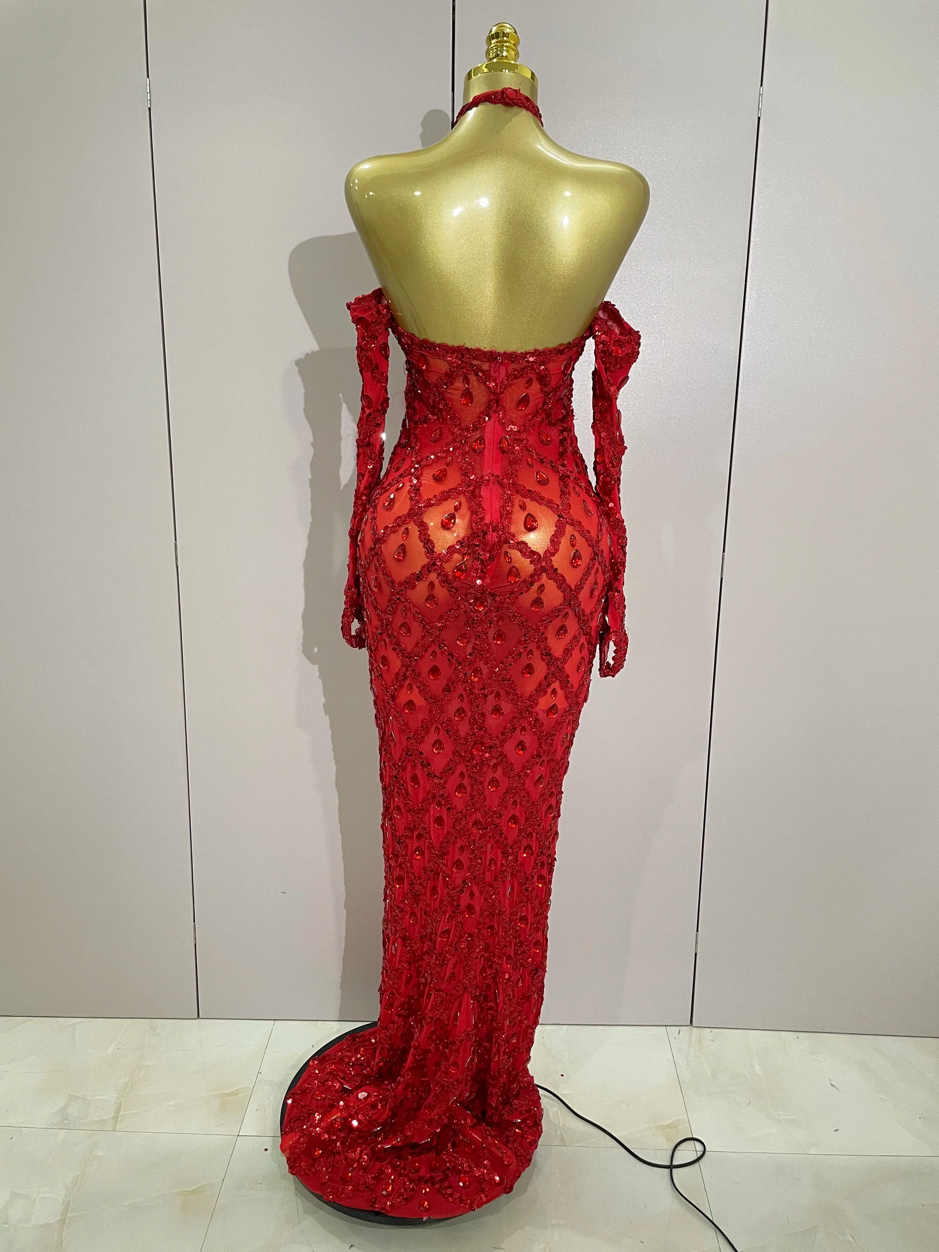 Sexy Sparkly Rhinestones Halter Mesh Long Dress With Gloves Women Celebrate Evening Wedding Prom Birthday Dress Shoot Wear - Image 3