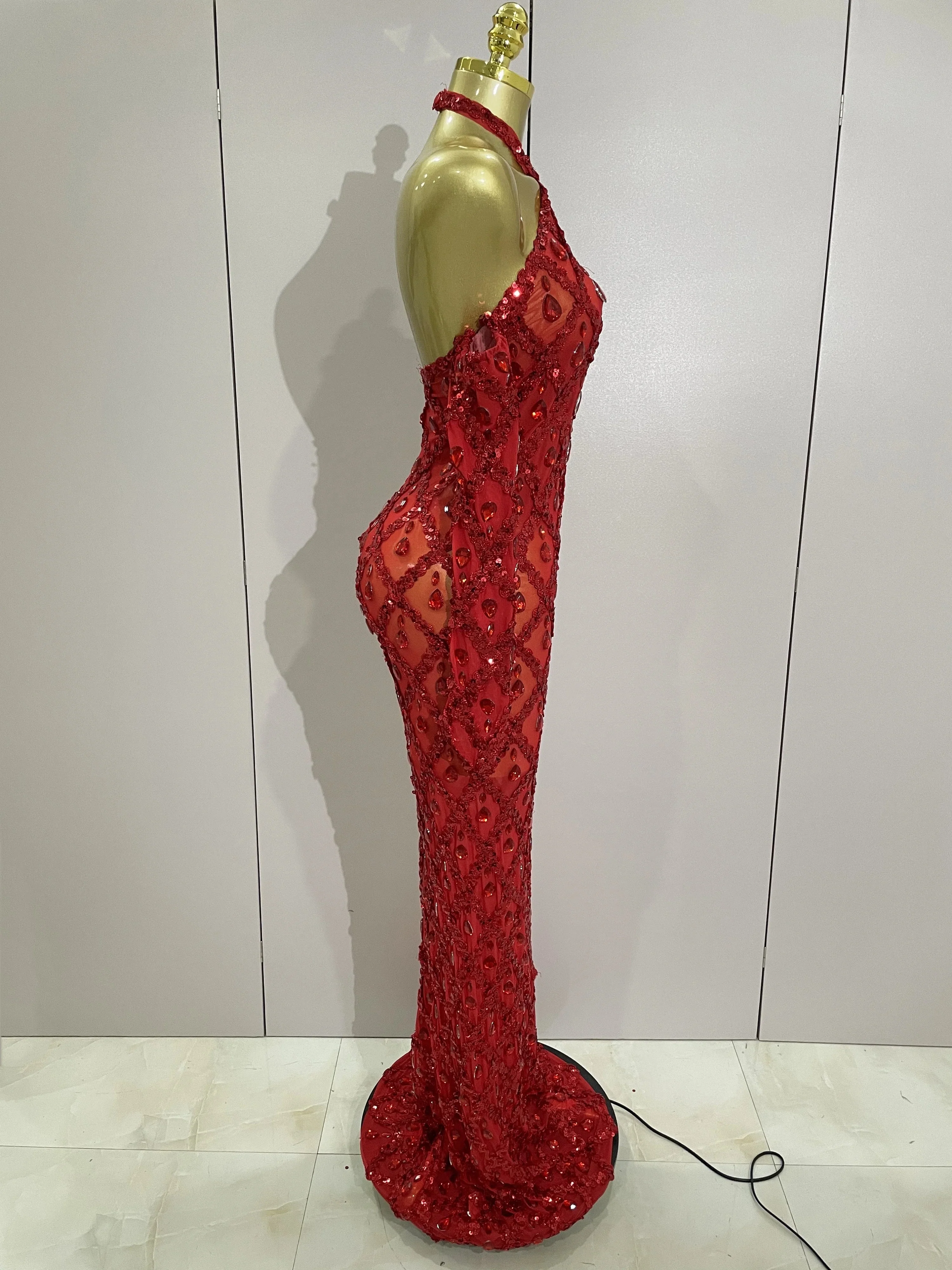 Sexy Sparkly Rhinestones Halter Mesh Long Dress With Gloves Women Celebrate Evening Wedding Prom Birthday Dress Shoot Wear - Image 4