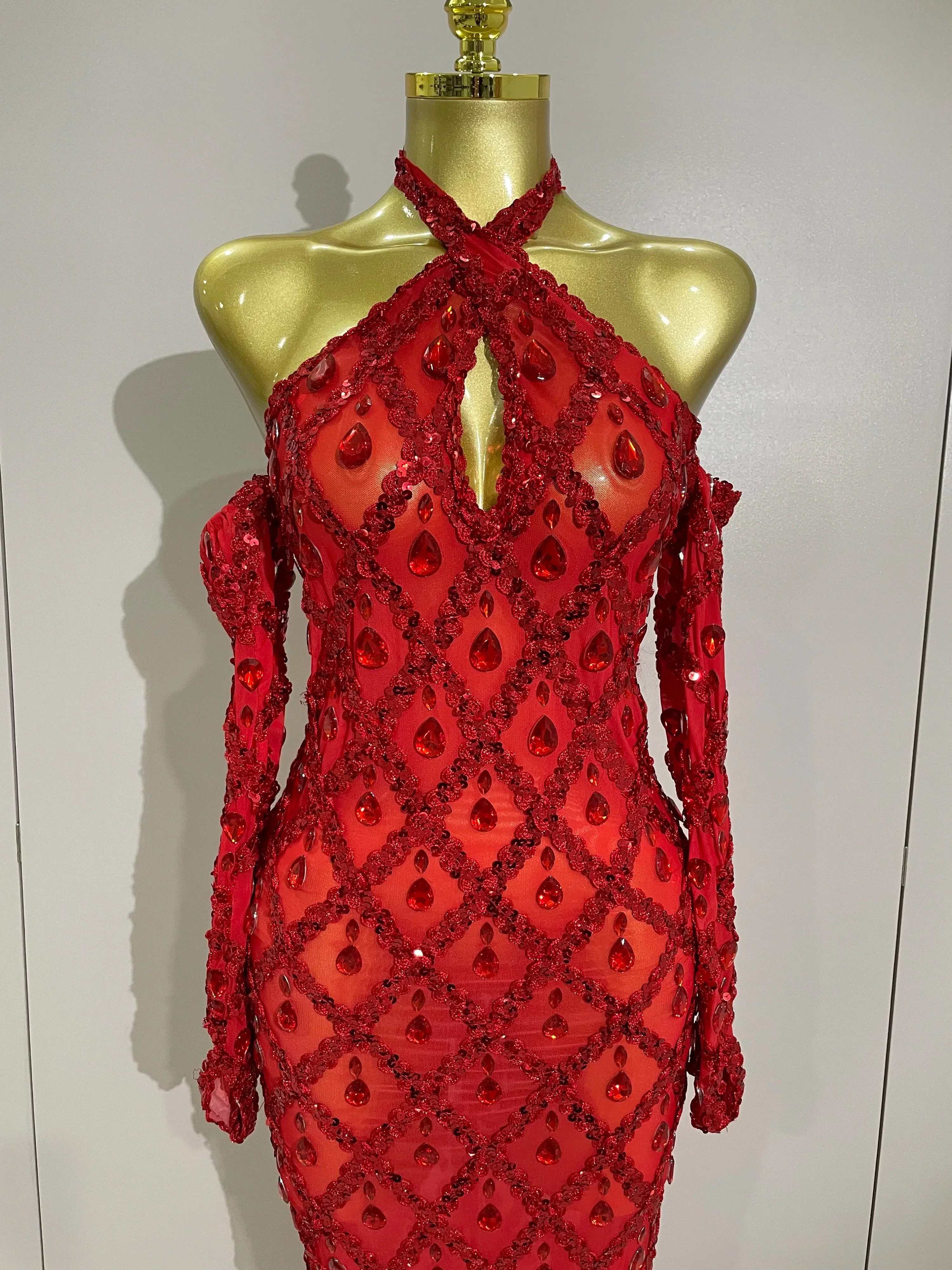 Sexy Sparkly Rhinestones Halter Mesh Long Dress With Gloves Women Celebrate Evening Wedding Prom Birthday Dress Shoot Wear - Image 5
