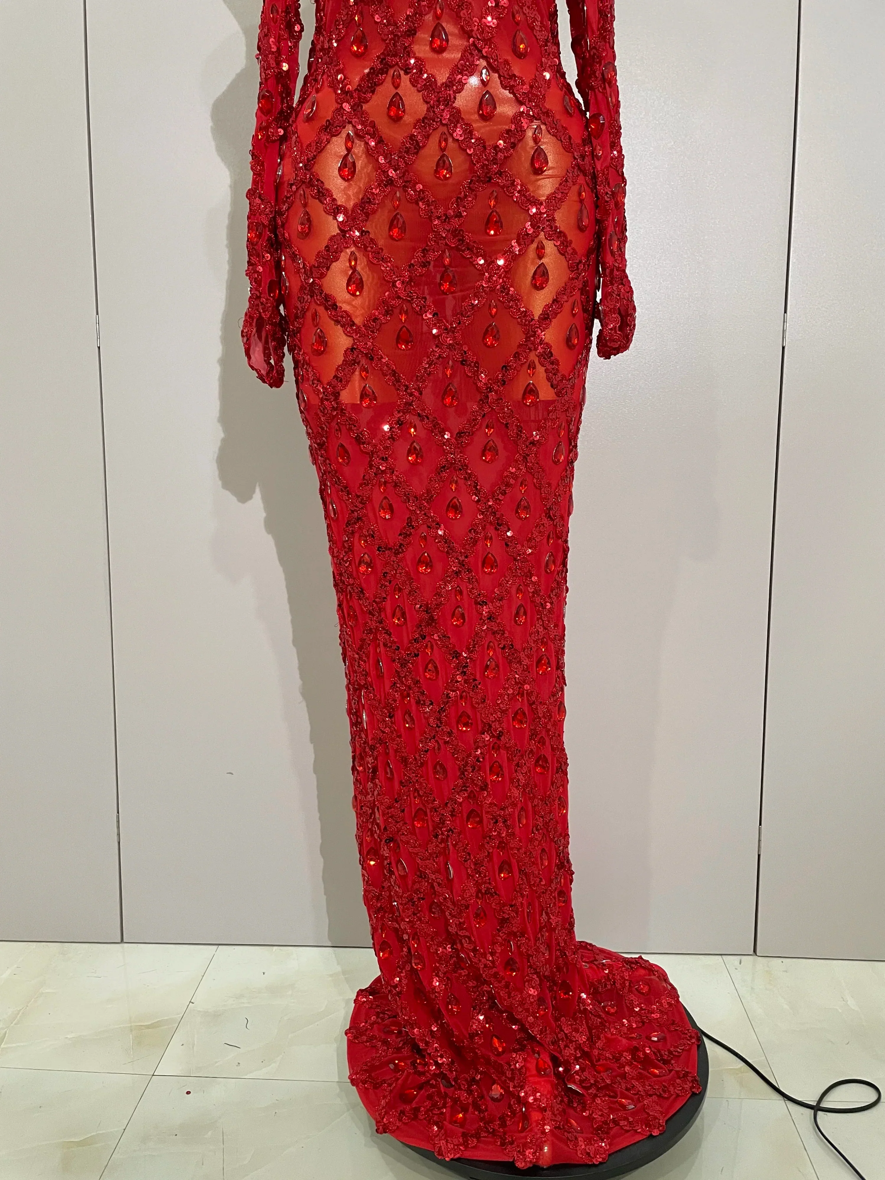 Sexy Sparkly Rhinestones Halter Mesh Long Dress With Gloves Women Celebrate Evening Wedding Prom Birthday Dress Shoot Wear - Image 6