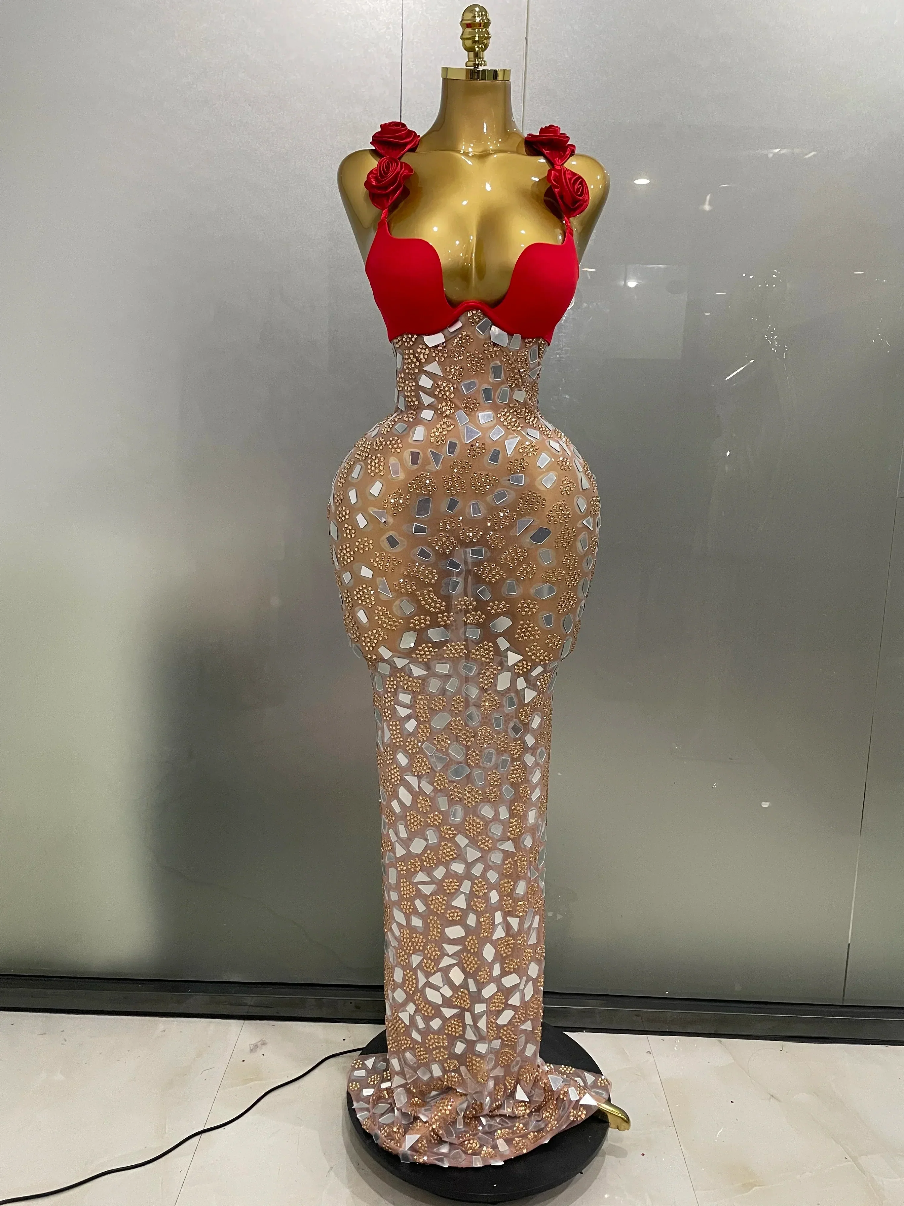 Sexy Sparkly Rhinestones Mesh Mirrors Red Roses Long Dress   Women Elegant Evening Party Club Stage performance Costume