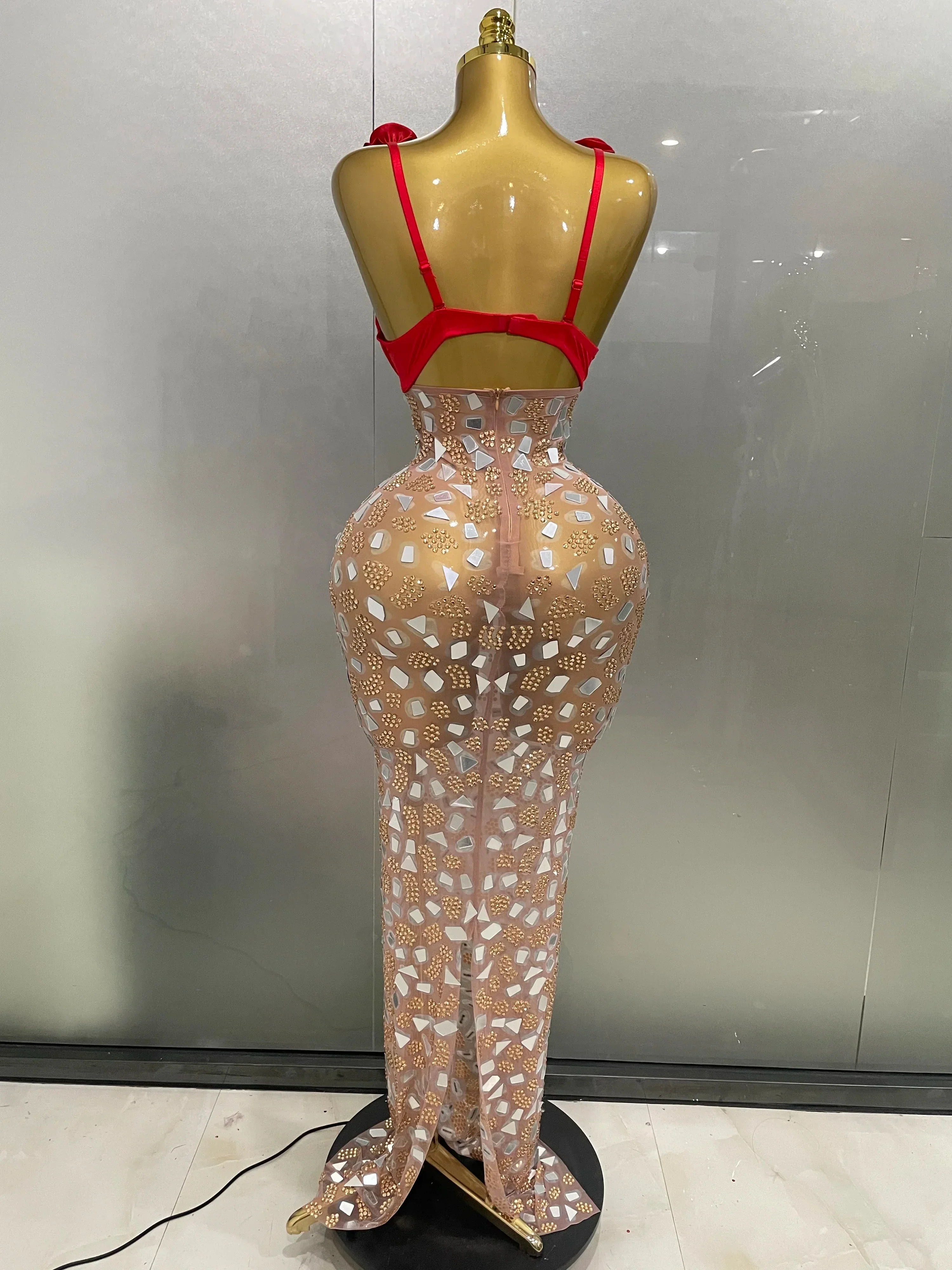 Sexy Sparkly Rhinestones Mesh Mirrors Red Roses Long Dress   Women Elegant Evening Party Club Stage performance Costume - Image 3