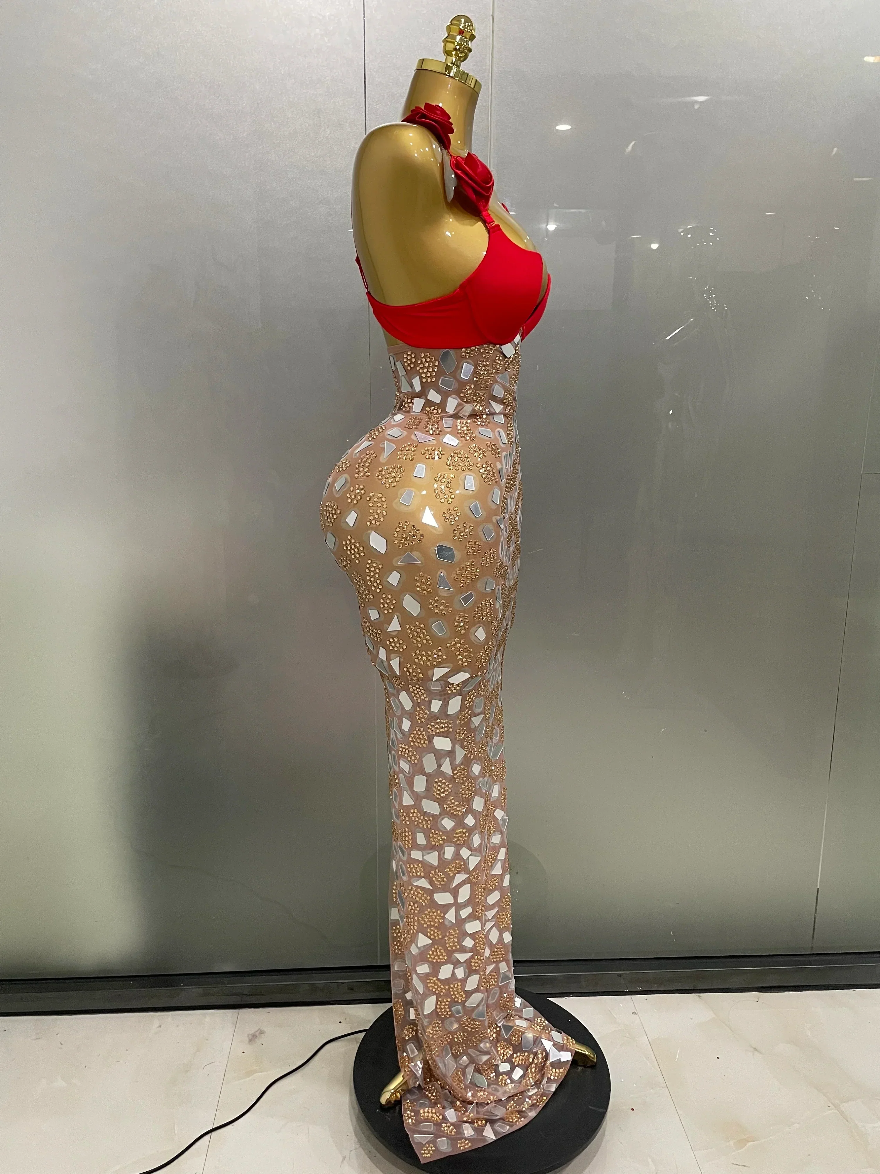 Sexy Sparkly Rhinestones Mesh Mirrors Red Roses Long Dress   Women Elegant Evening Party Club Stage performance Costume - Image 4