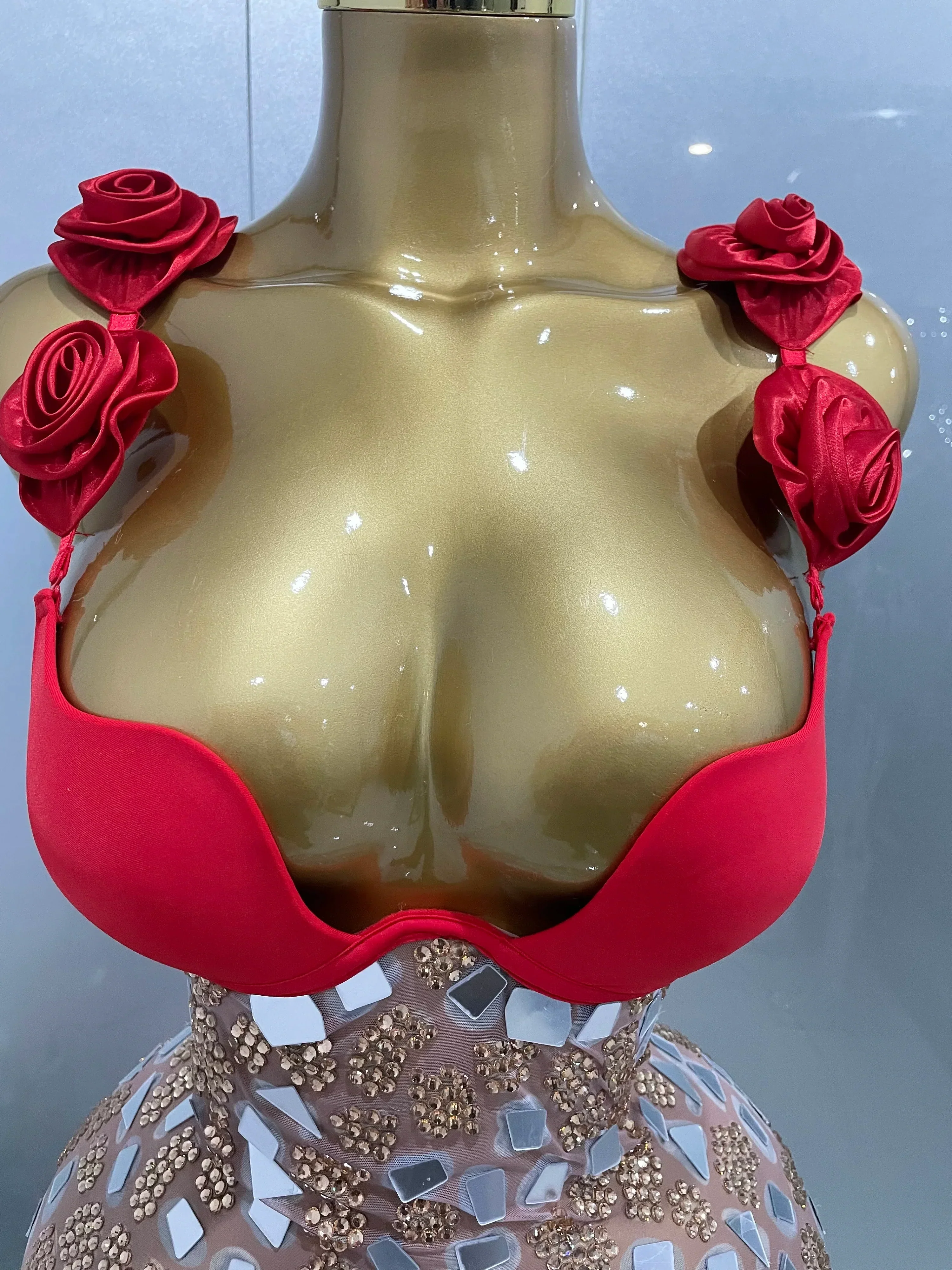 Sexy Sparkly Rhinestones Mesh Mirrors Red Roses Long Dress   Women Elegant Evening Party Club Stage performance Costume - Image 5