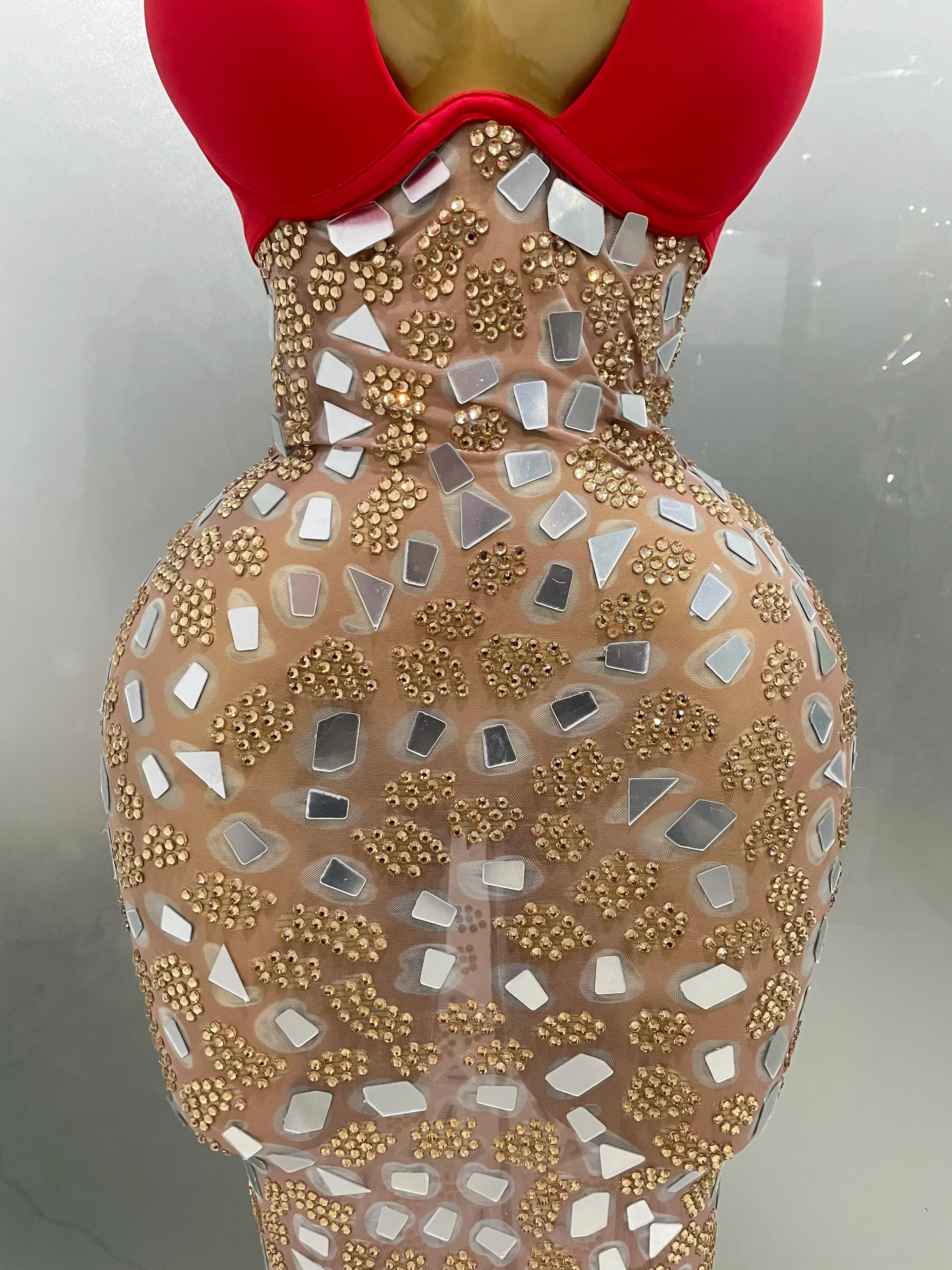 Sexy Sparkly Rhinestones Mesh Mirrors Red Roses Long Dress   Women Elegant Evening Party Club Stage performance Costume - Image 6