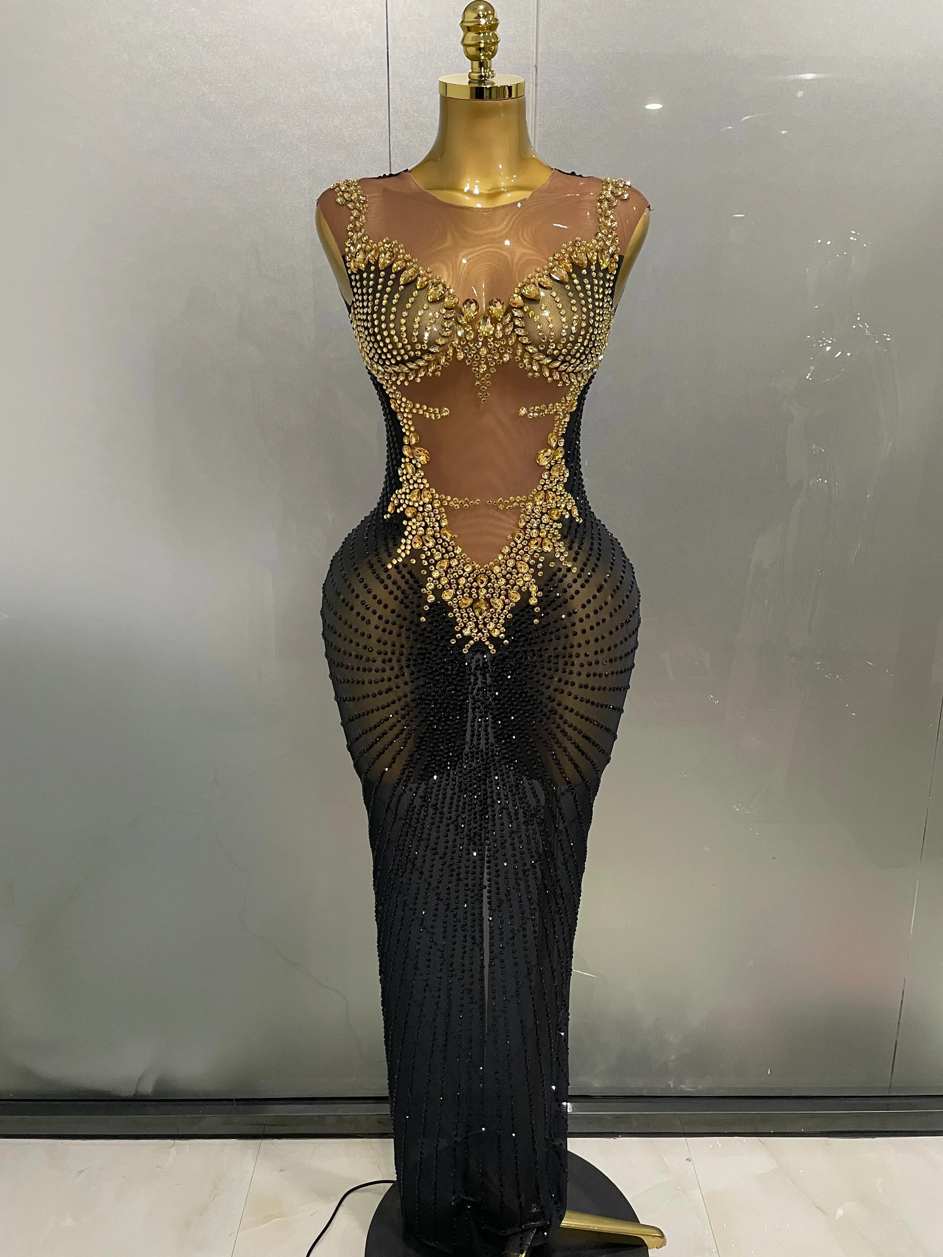 Sexy Sparkly Rhinestones Sleeveless Long Dress Women Birthday Celebrate Evening Photo Shoot Stage Performance Costume