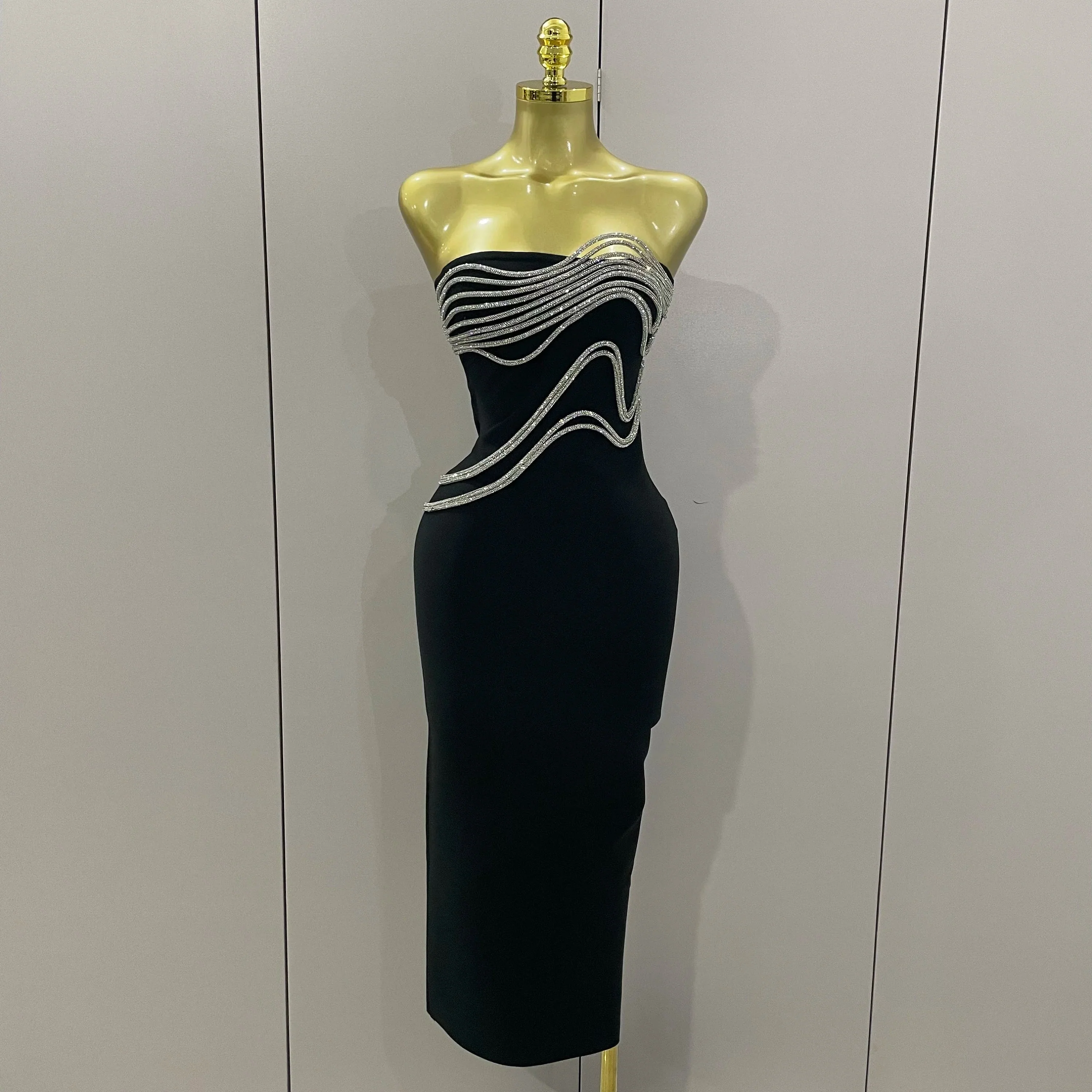 Sexy Strapless Diamond Lines Bodycon Bandage Long Dress  Women Celebrity Red Carpet Elegant Evening Birthday Party Dresses