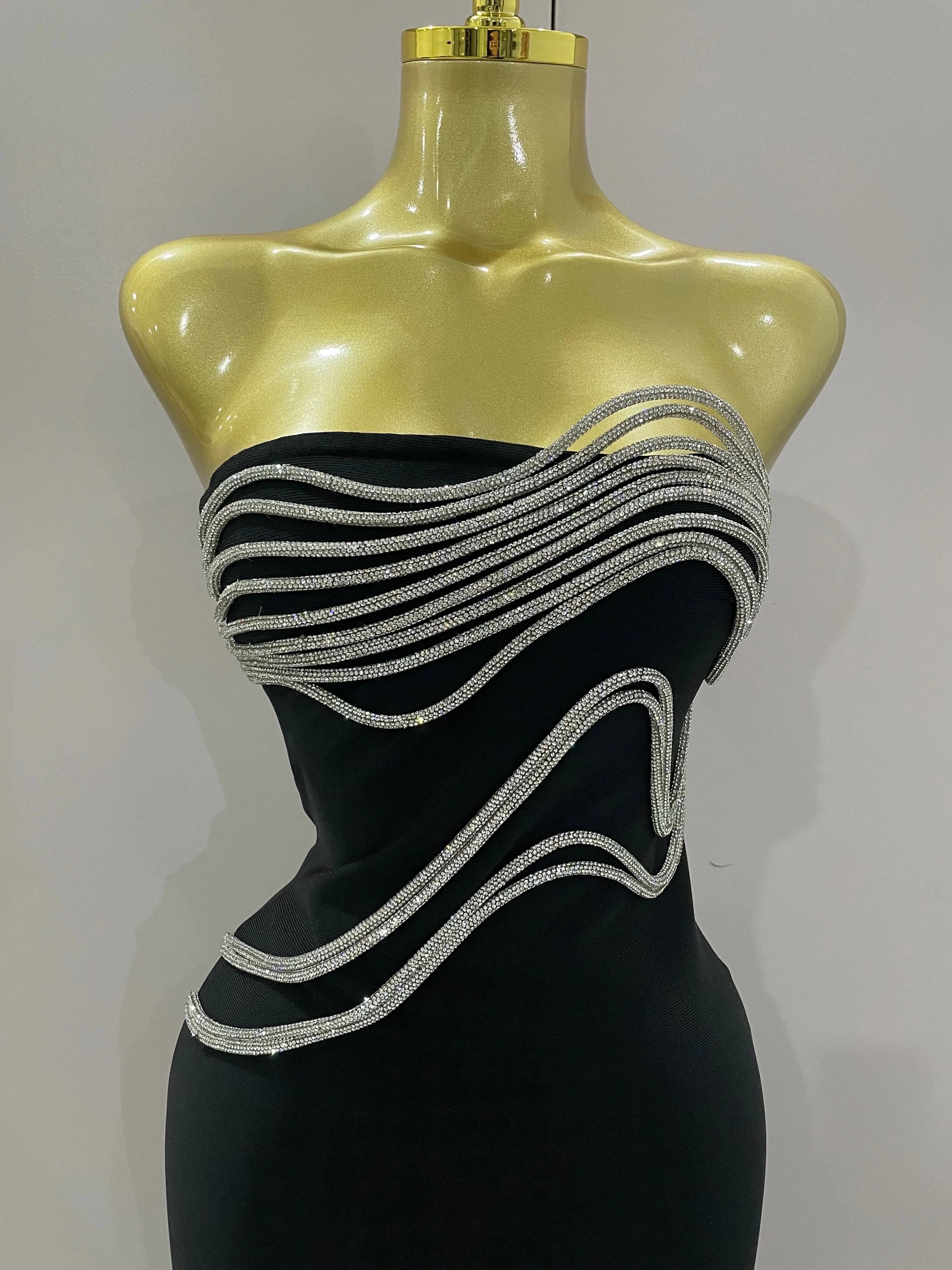 Sexy Strapless Diamond Lines Bodycon Bandage Long Dress  Women Celebrity Red Carpet Elegant Evening Birthday Party Dresses - Image 2