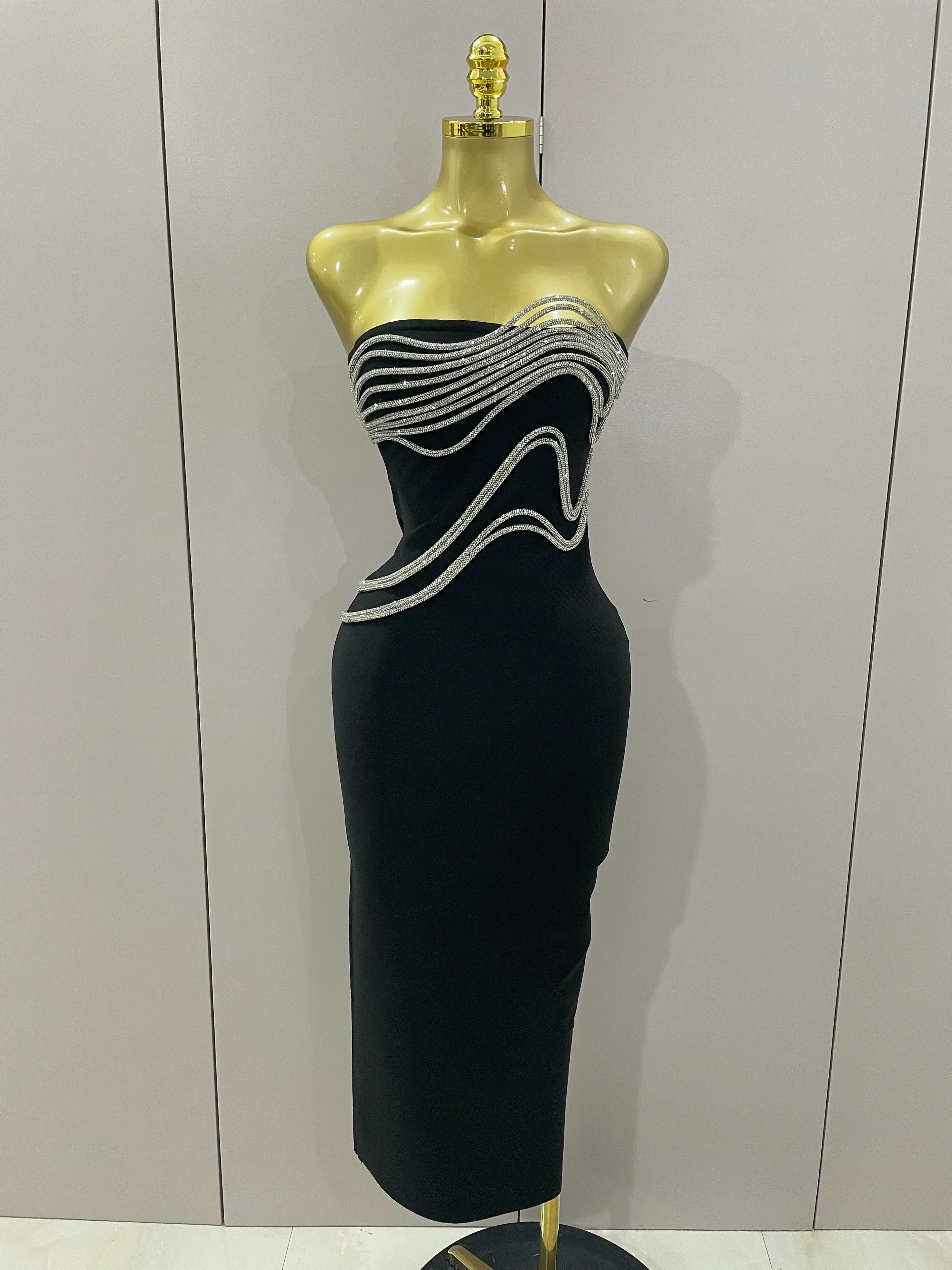 Sexy Strapless Diamond Lines Bodycon Bandage Long Dress  Women Celebrity Red Carpet Elegant Evening Birthday Party Dresses - Image 6