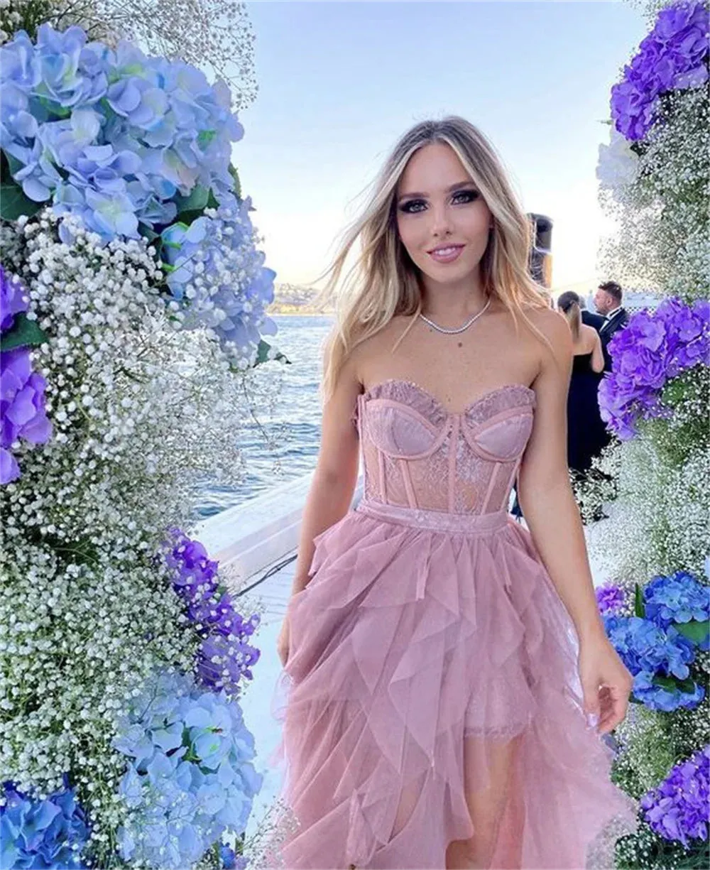Sexy Strapless Edge Curl فساتين السهرة Glaring Dusty Pink Vestidos De Noche Lace On Chest Side High Split Prom Dress - Image 5