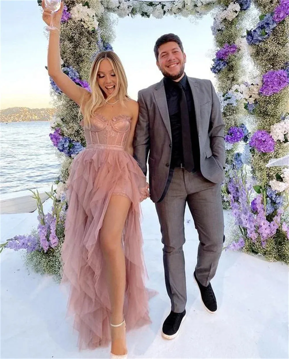 Sexy Strapless Edge Curl فساتين السهرة Glaring Dusty Pink Vestidos De Noche Lace On Chest Side High Split Prom Dress - Image 6