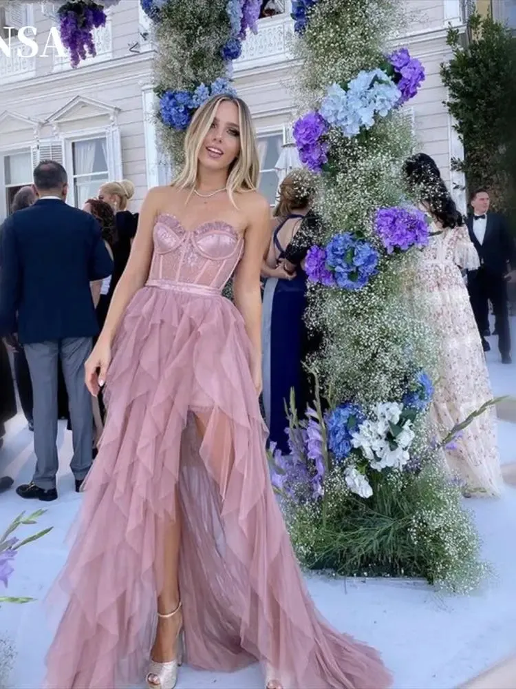 Sexy Strapless Edge Curl فساتين السهرة Glaring Dusty Pink Vestidos De Noche Lace On Chest Side High Split Prom Dress - Image 8