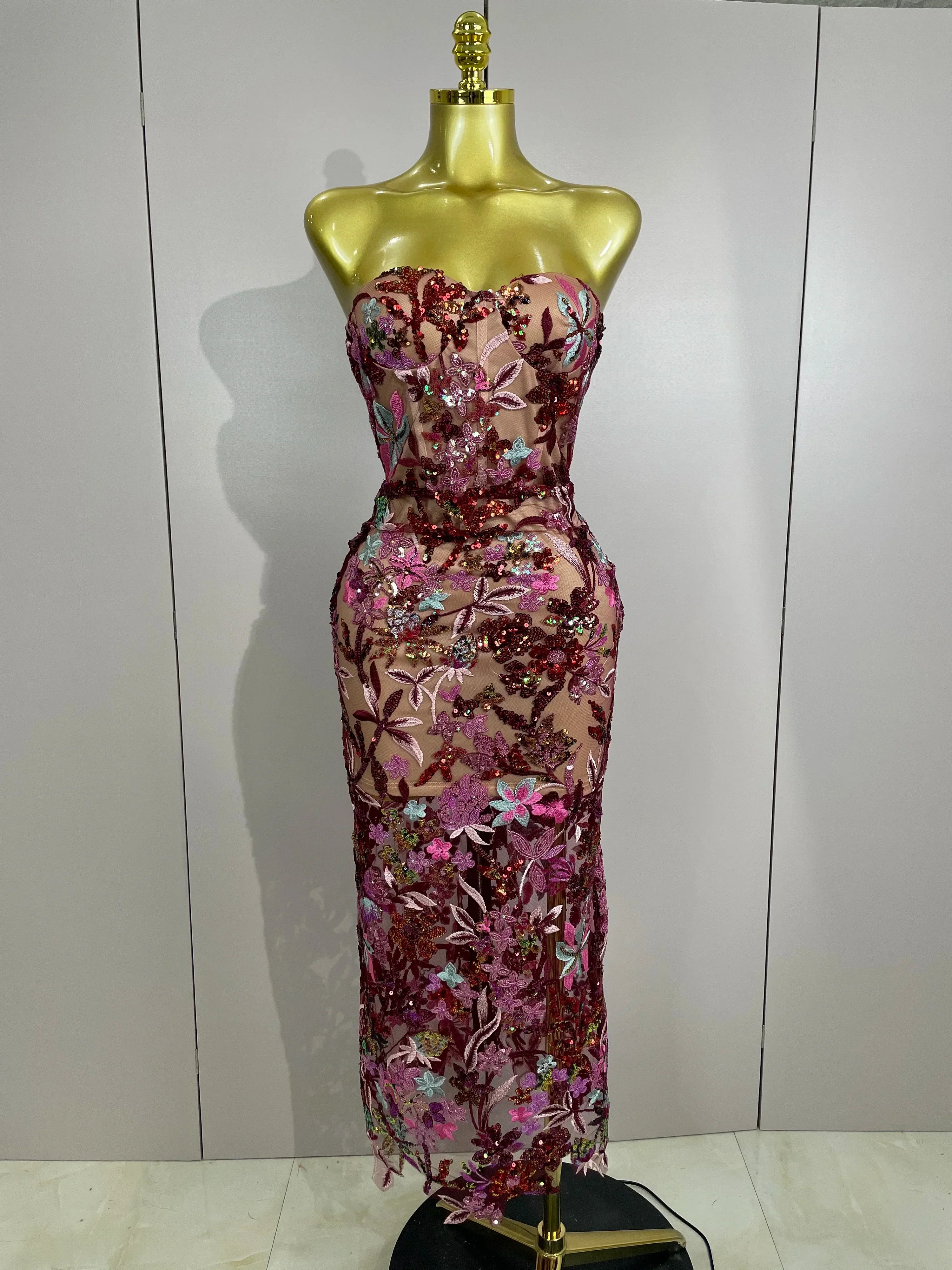 Sexy Strapless Floral Sequin Long Dress  Women Sequins Flower Backless Long Slim Dress Evening Party Runway Gown Dress
