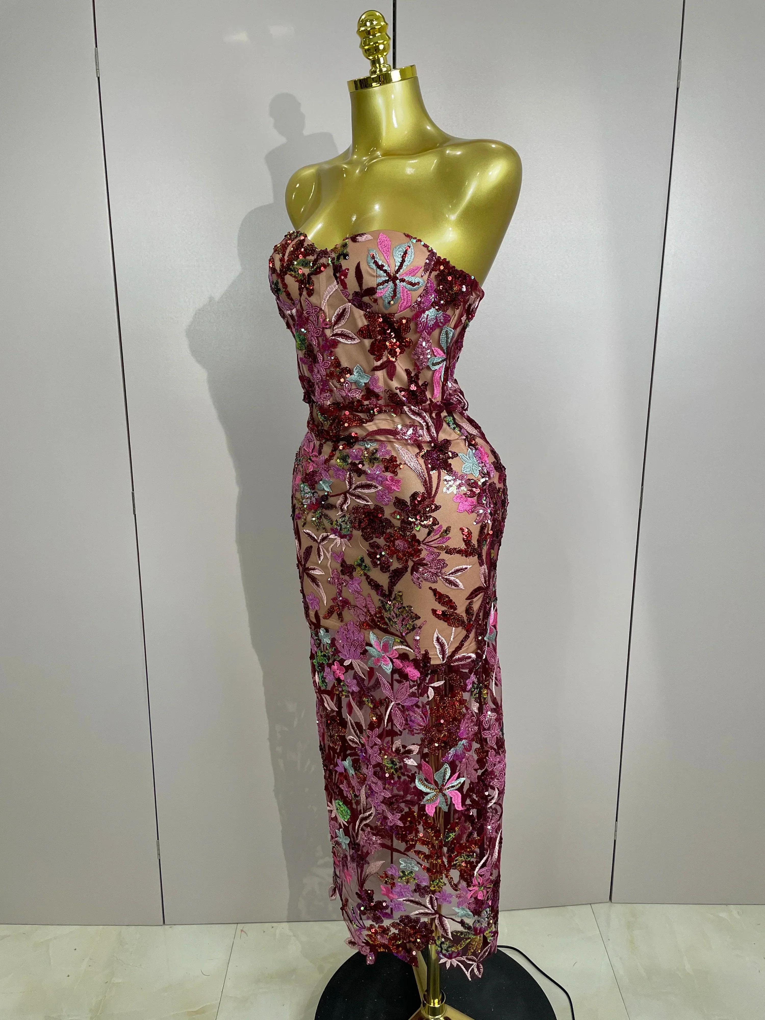 Sexy Strapless Floral Sequin Long Dress  Women Sequins Flower Backless Long Slim Dress Evening Party Runway Gown Dress - Image 2