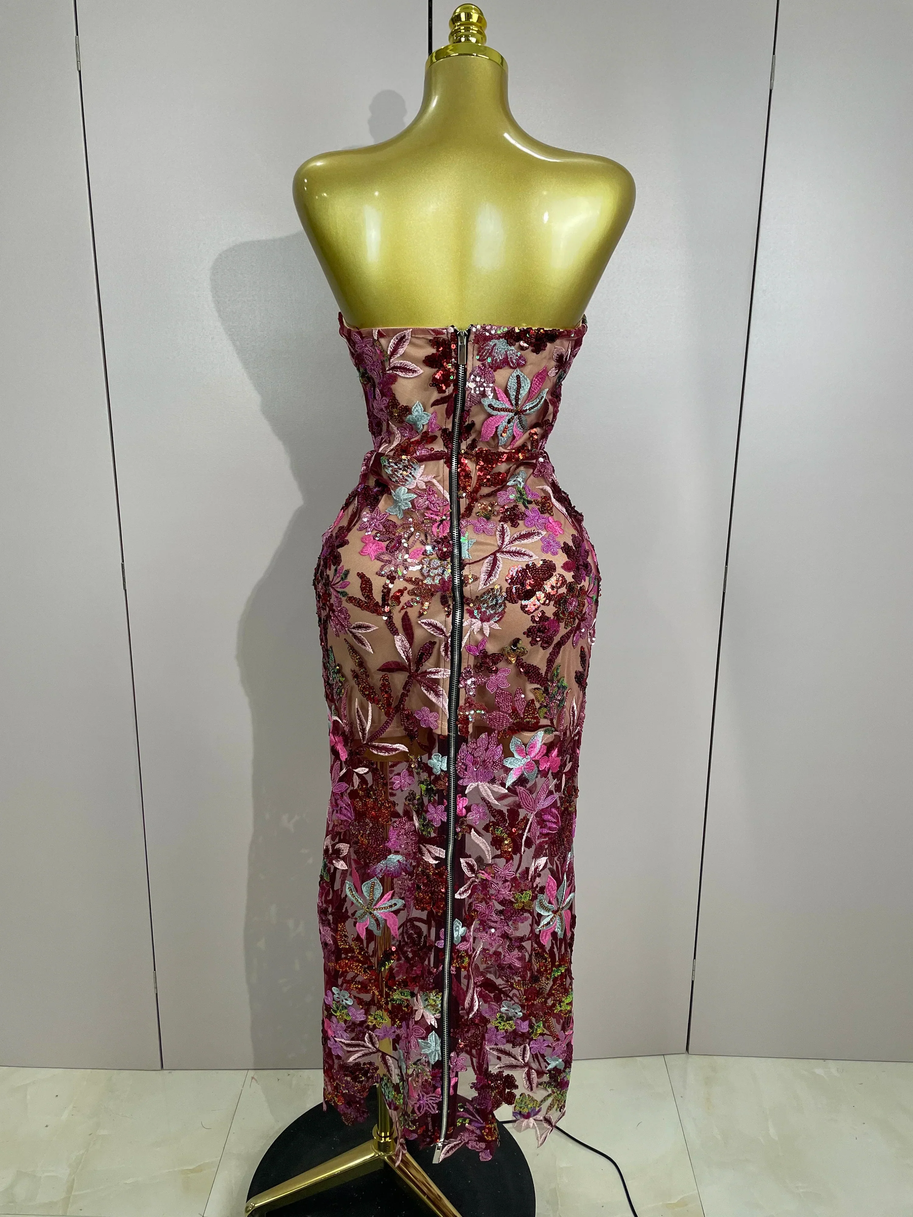 Sexy Strapless Floral Sequin Long Dress  Women Sequins Flower Backless Long Slim Dress Evening Party Runway Gown Dress - Image 3